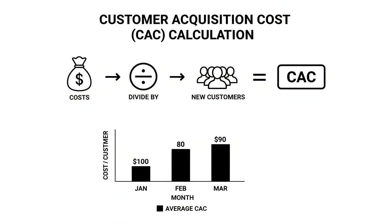 Diagram illustrating Customer Acquisition Cost (CAC) calculation with a bar chart showing average CAC by month.