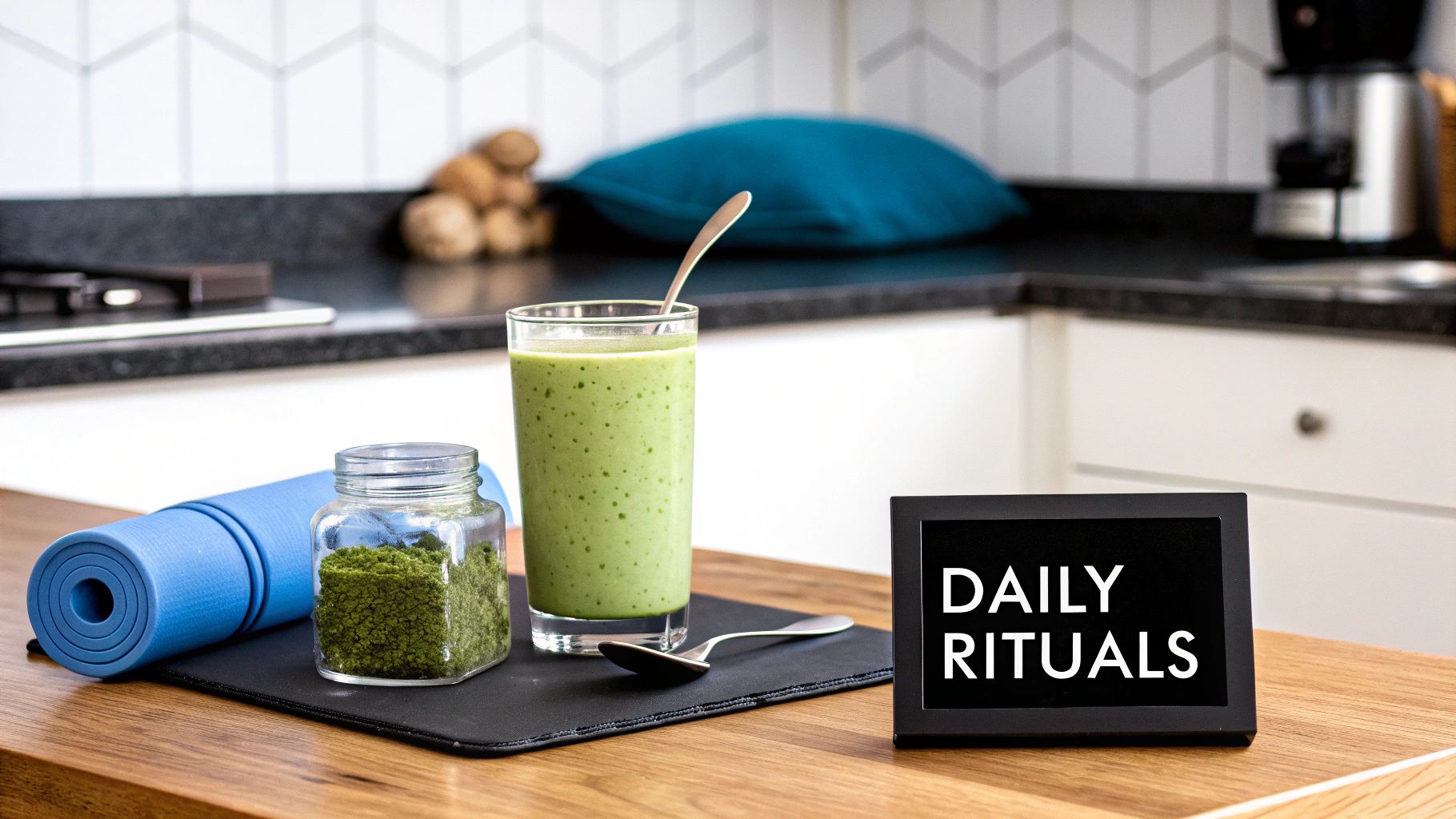 A green smoothie, moringa powder in a jar, and a yoga mat on a kitchen counter next to a 'Daily Rituals' sign.