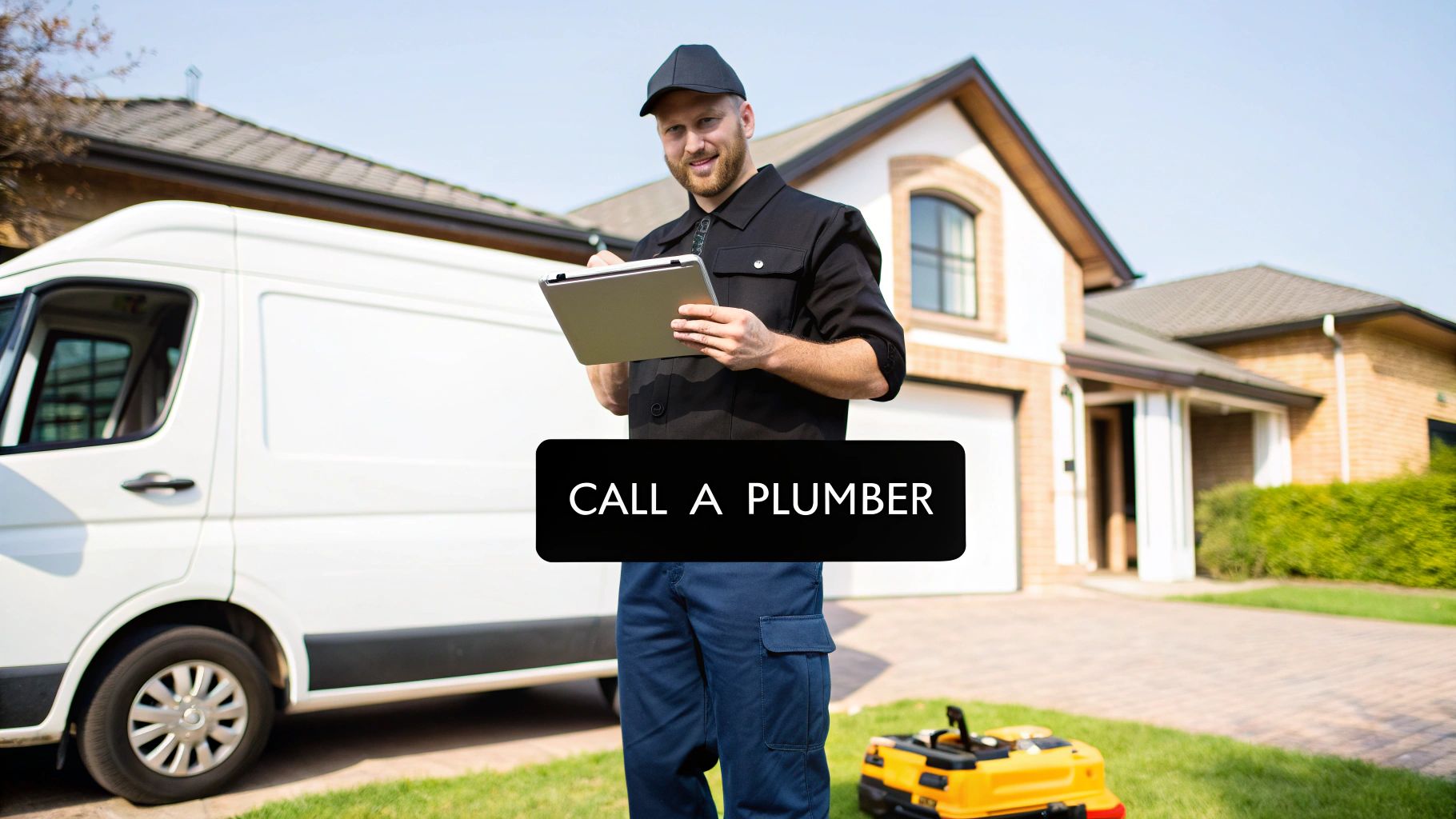 A smiling plumber in uniform holds a tablet outside a house with his service van and toolbox.