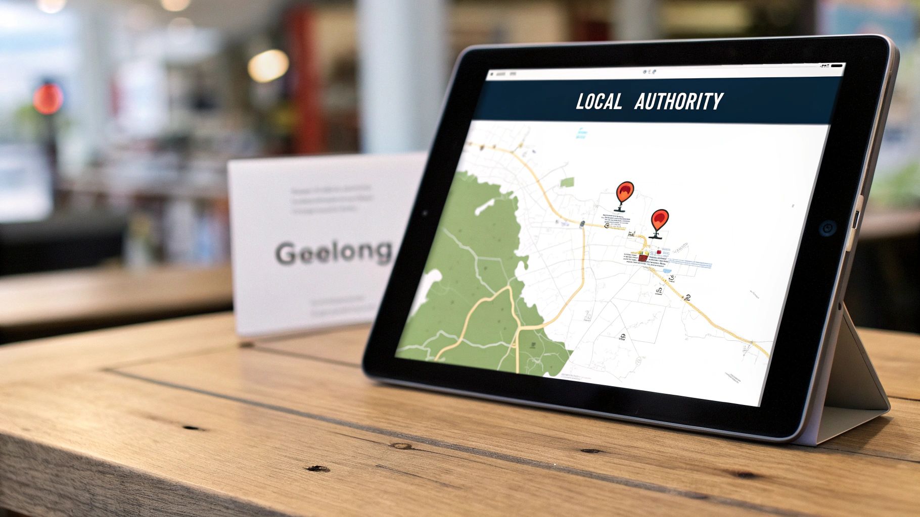A tablet displays a map with 'LOCAL AUTHORITY' and red pin markers, next to a 'Geelong' sign on a wooden table.