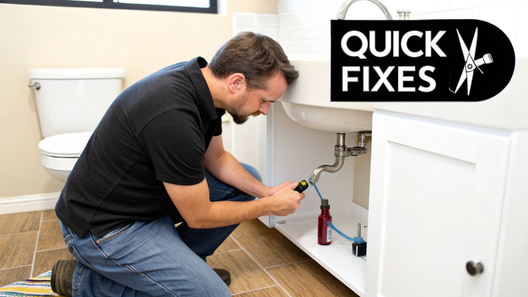 Man doing plumbing repair under a bathroom sink, checking water pressure.