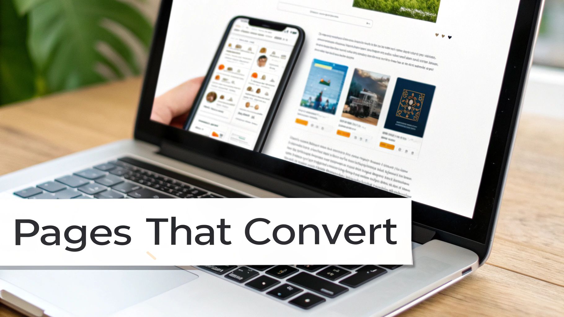 A laptop and smartphone display web content on a wooden desk, overlaid with 'Pages That Convert' text.