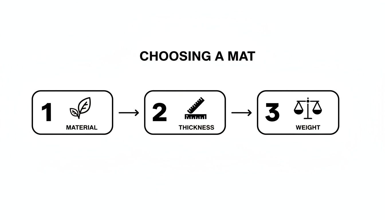Flowchart illustrating three key steps to choose a yoga mat: material, thickness, and weight.