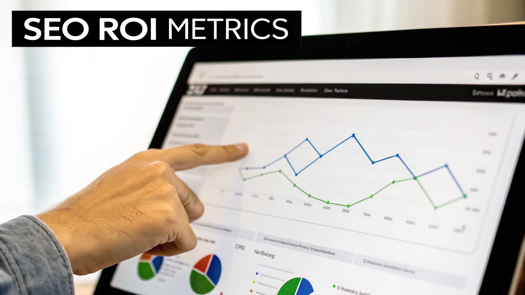 A hand points to a laptop screen displaying SEO ROI metrics with graphs and charts.