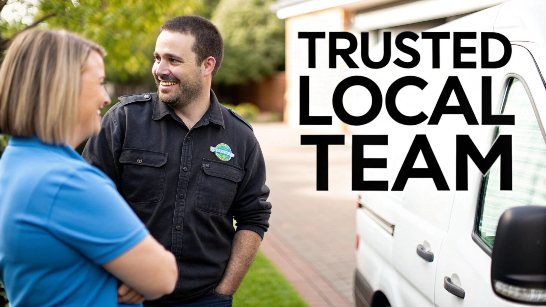 Two smiling service team members talking, with a white van and 'TRUSTED LOCAL TEAM' text.