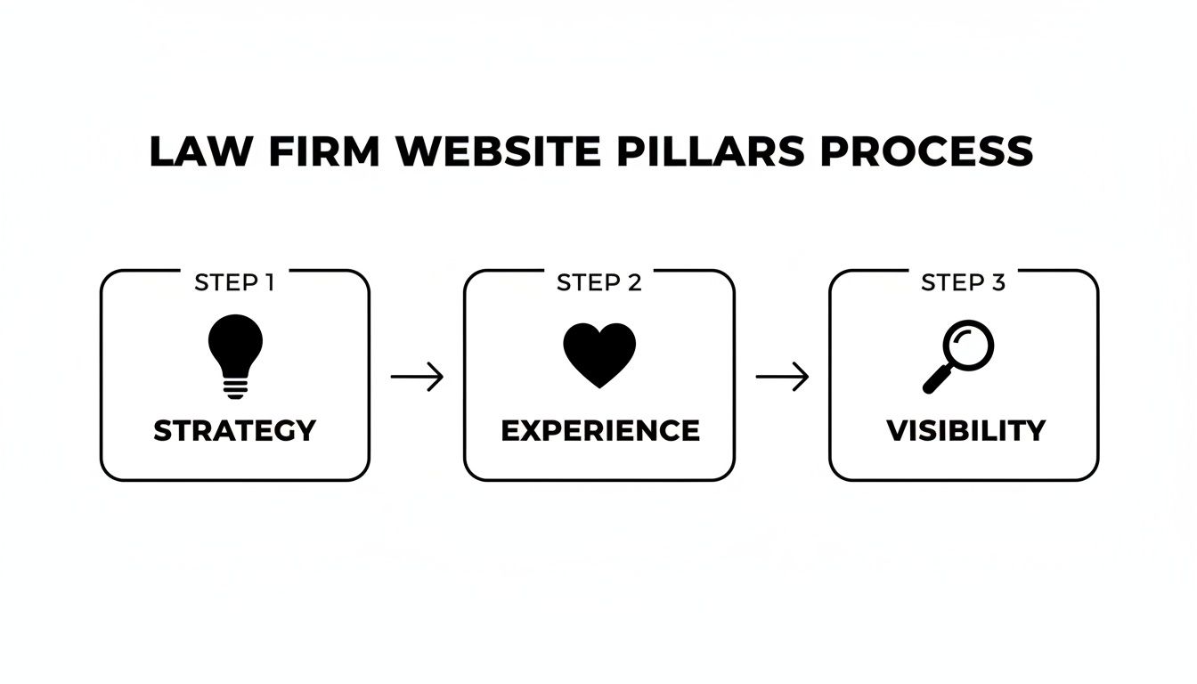 Process diagram showing three steps for law firm website pillars: Strategy, Experience, and Visibility.
