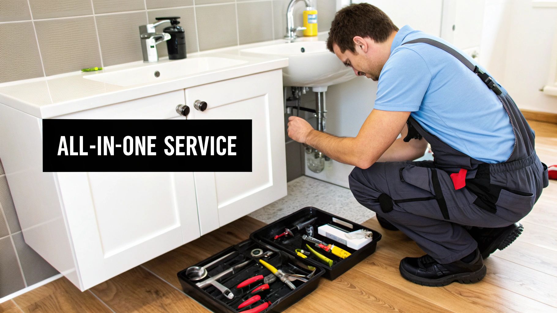 A male plumber in grey overalls and a blue shirt fixes a sink in a modern bathroom, with a toolbox nearby.