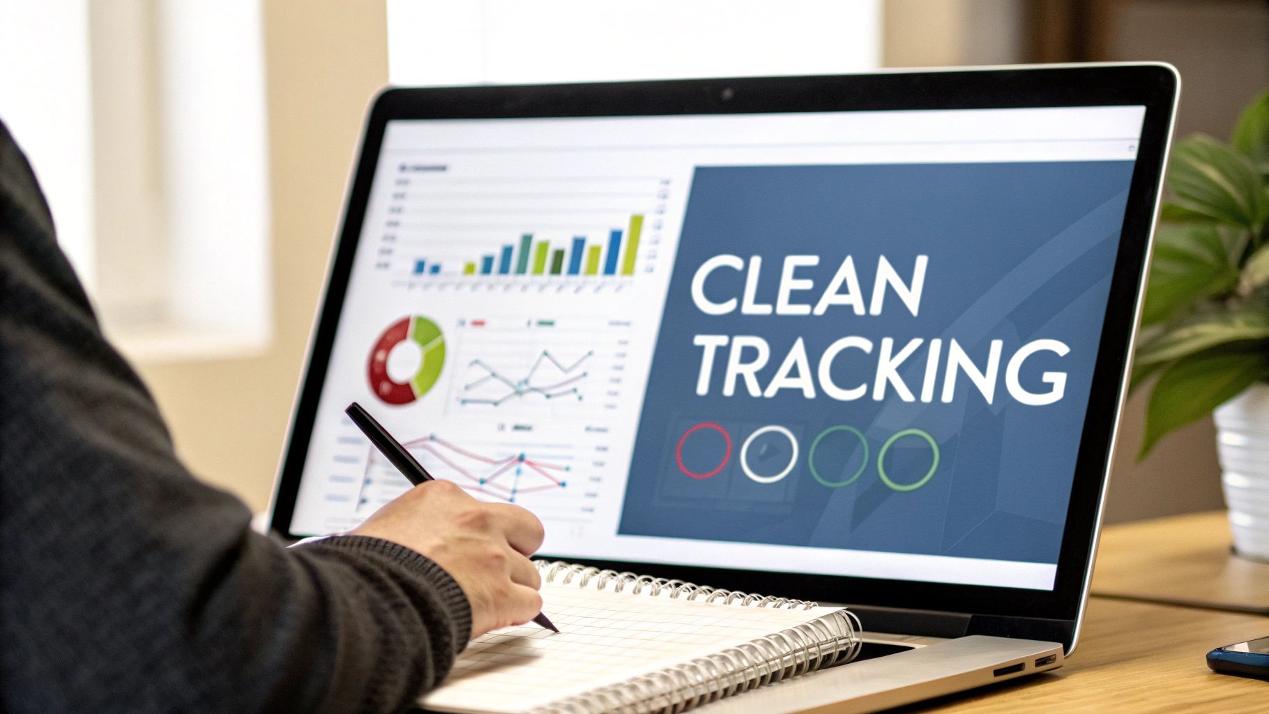 A person takes notes while viewing a laptop screen showing data analytics charts and 'Clean Tracking'.