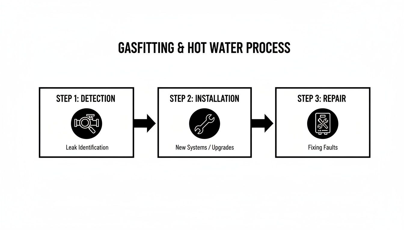 Flowchart showing three steps: Detection, Installation, and Repair for gasfitting and hot water services.