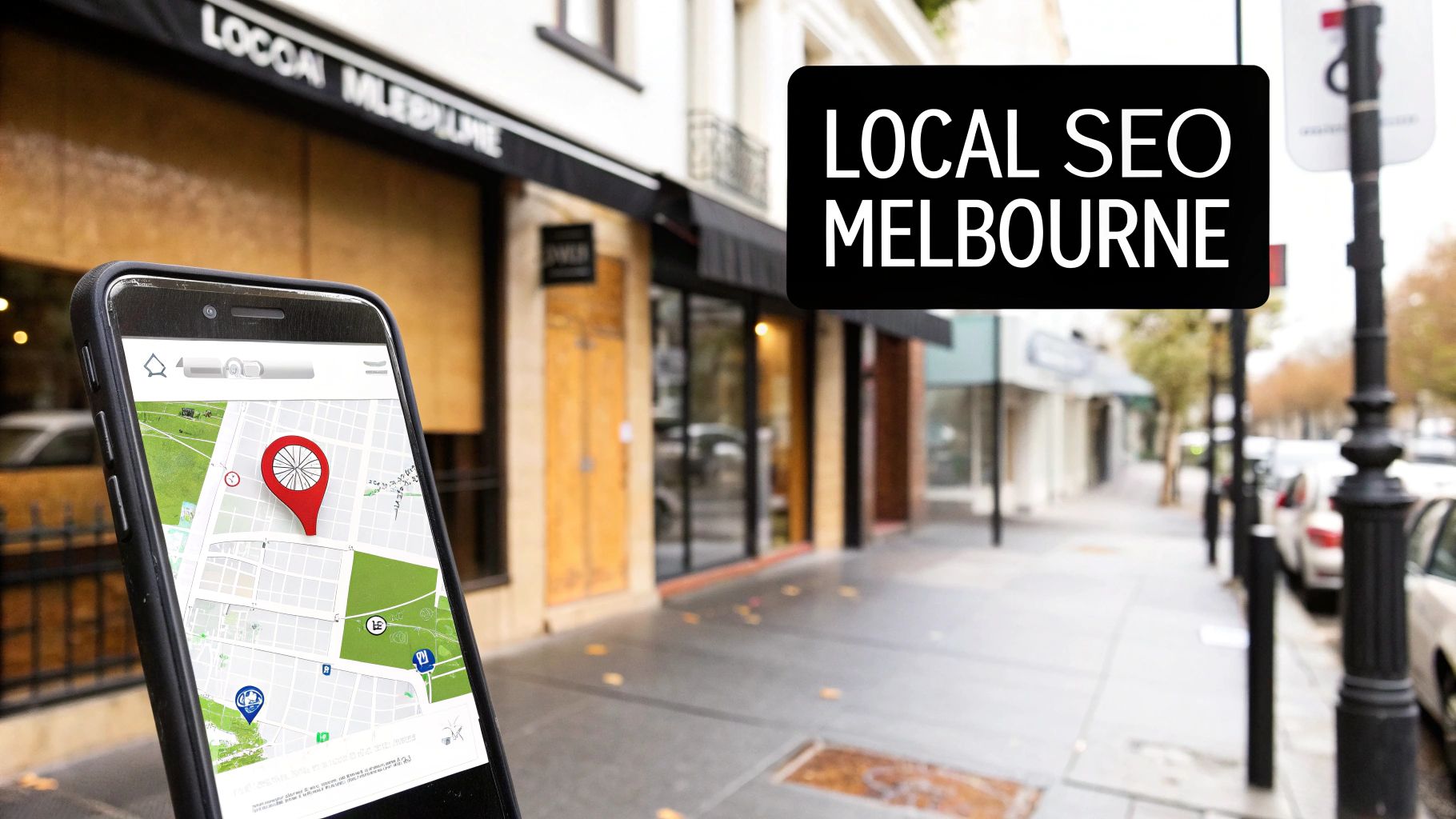 A smartphone displaying a map with a red location pin on a city street, with a 'LOCAL SEO MELBOURNE' sign overhead.