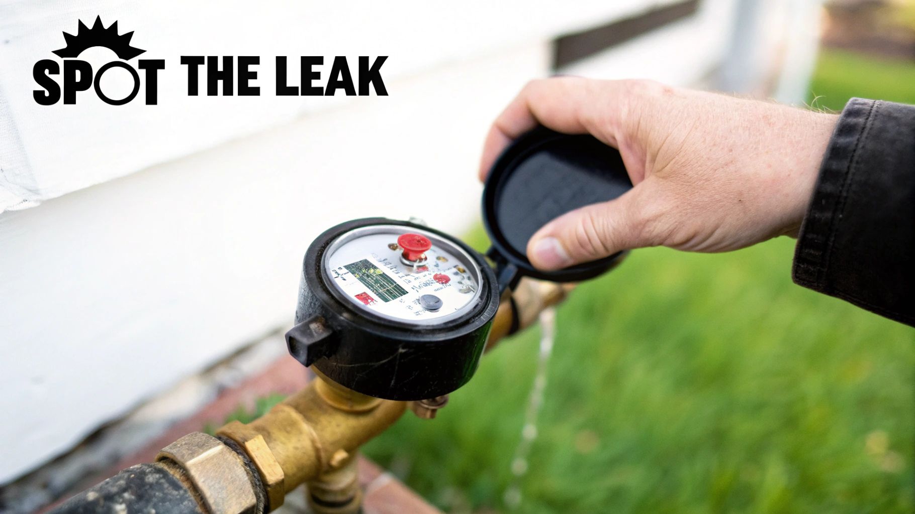 A close-up shows a hand opening a water meter cover, with water visibly leaking from it.