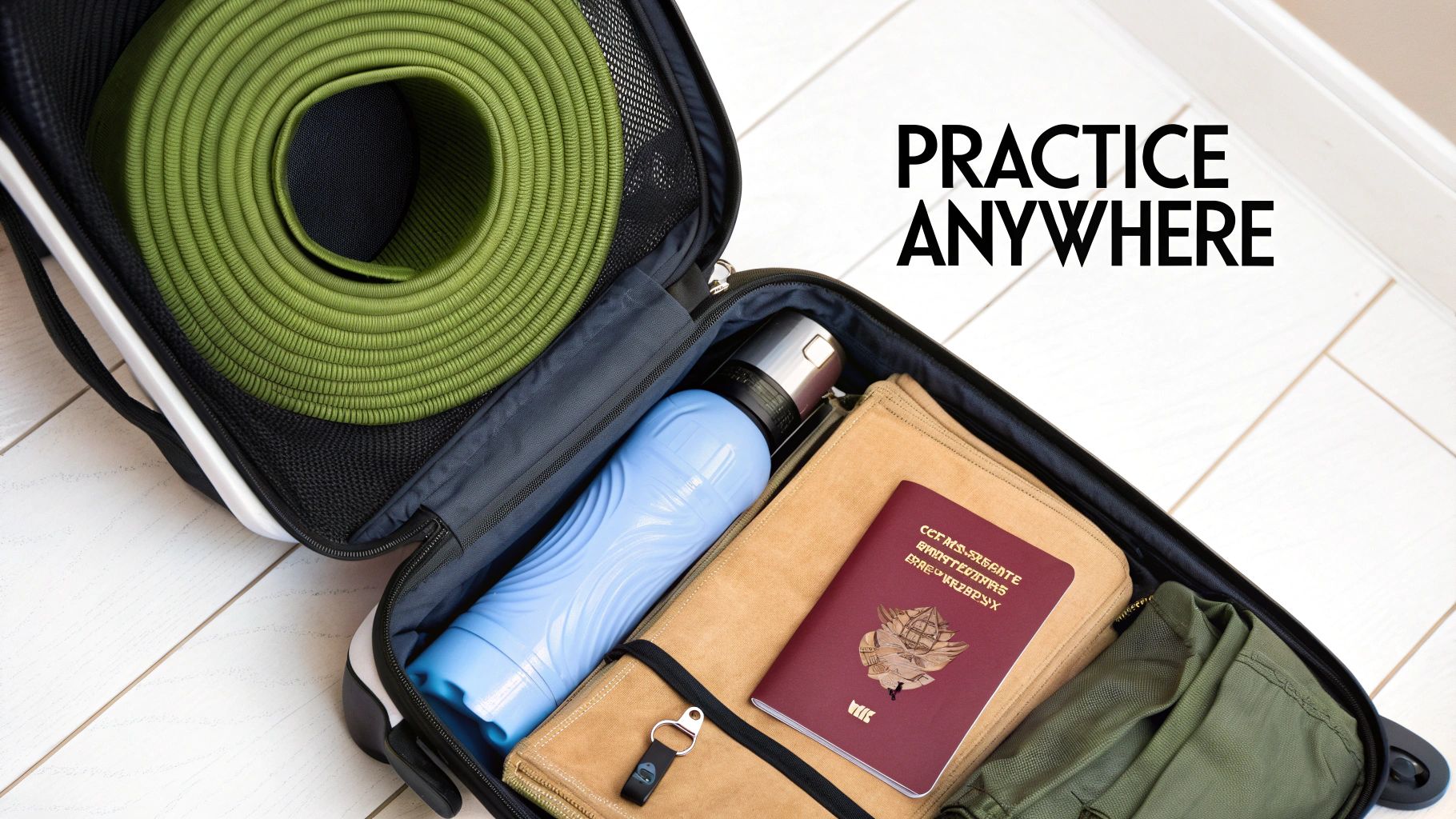 An open travel suitcase packed with a rolled green yoga mat, blue water bottle, and passport.