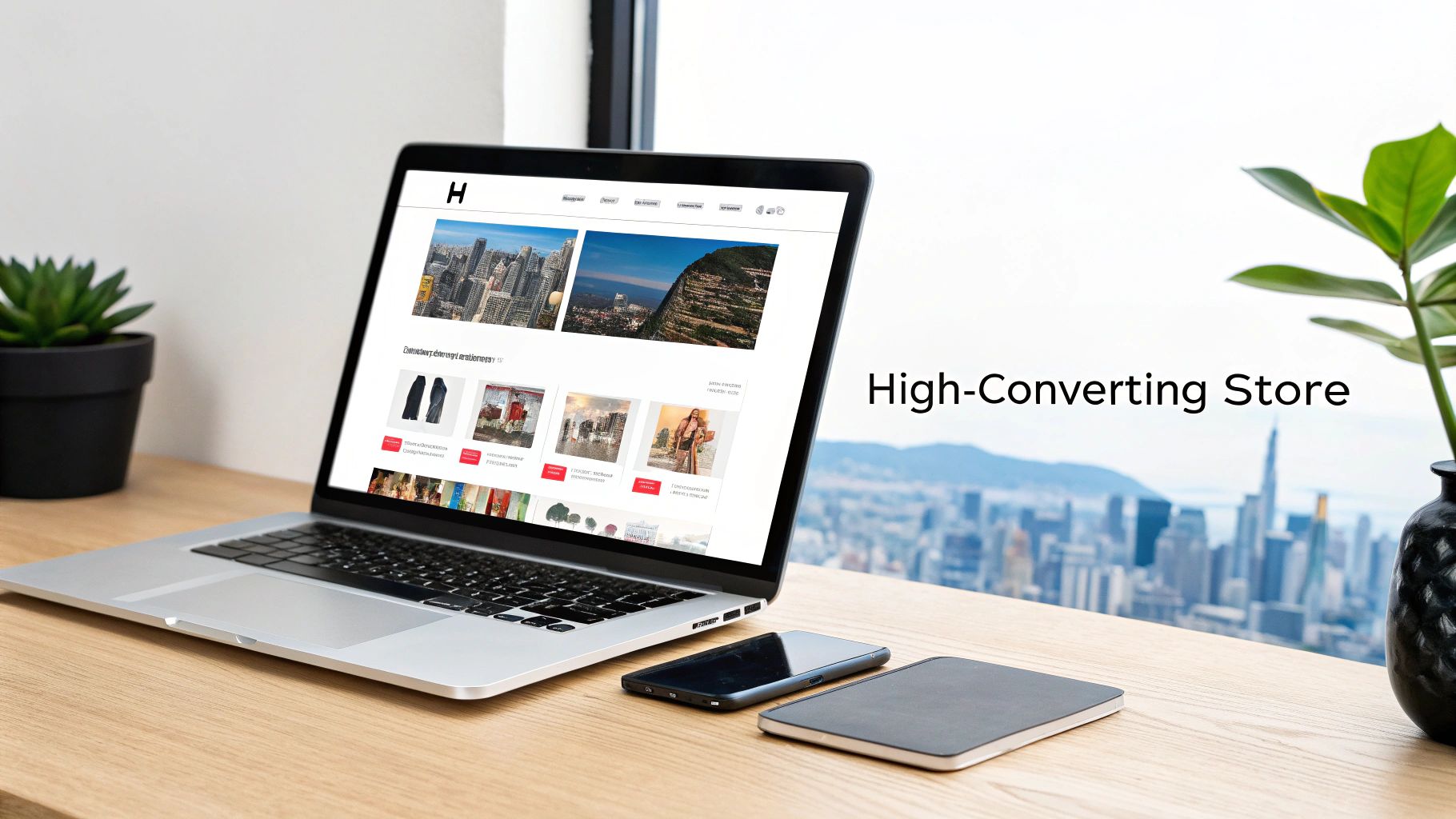 A laptop on a wooden desk displaying an e-commerce website with products and a city view.