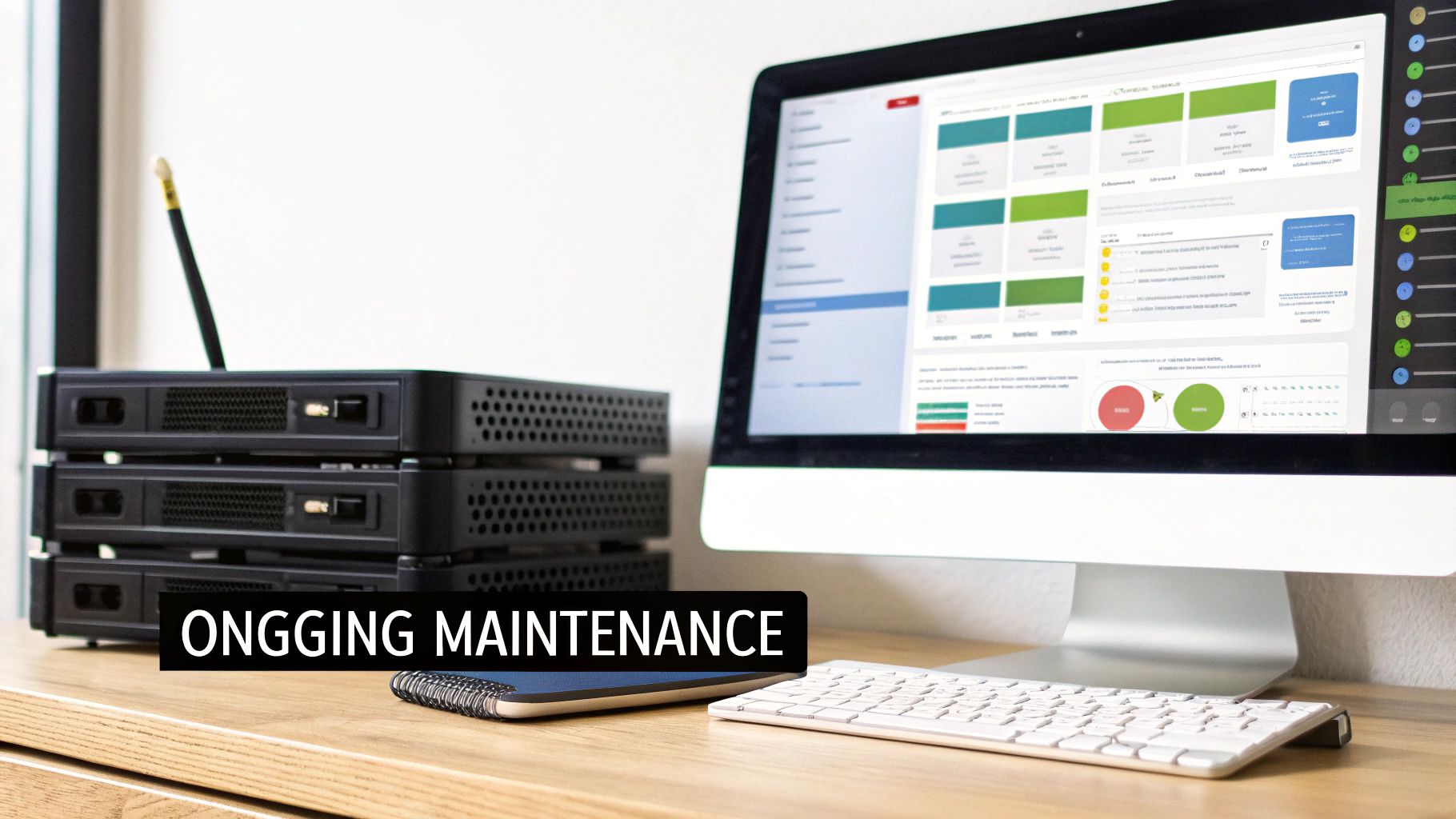 Stack of servers and a computer monitor displaying an IT dashboard with 'Ongoing Maintenance' text.