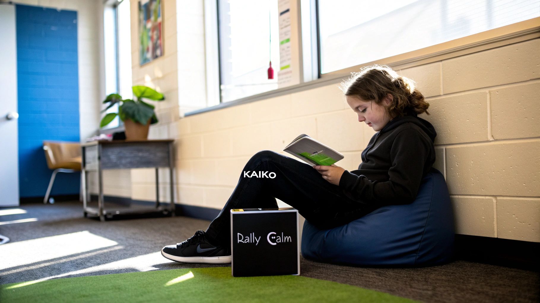 A young girl sits comfortably on a blue bean bag, reading a book next to a black "Rally Calm" box in a sunlit room.