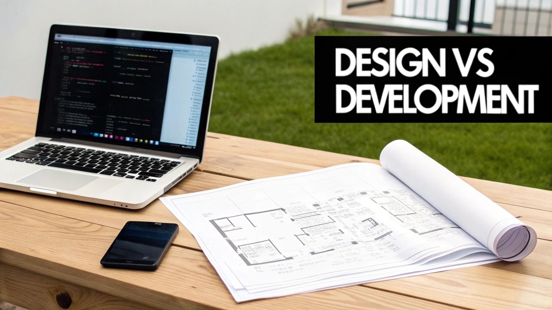 A laptop with code and architectural plans on a wooden table, illustrating design versus development.
