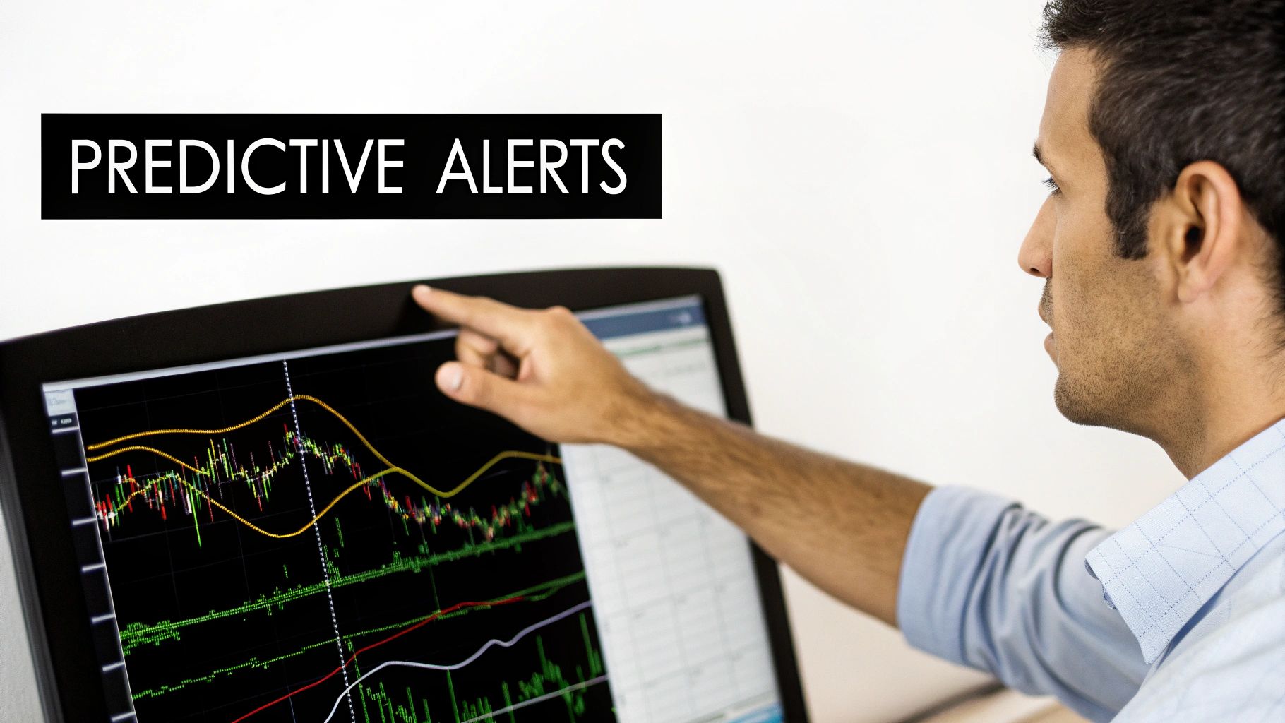 A man pointing at a computer screen displaying financial charts and "PREDICTIVE ALERTS" text.
