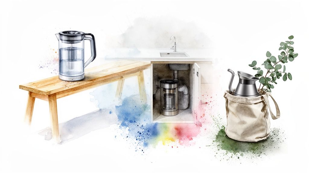 Watercolor illustration showcasing various water filtration systems and a modern kettle with a plant.