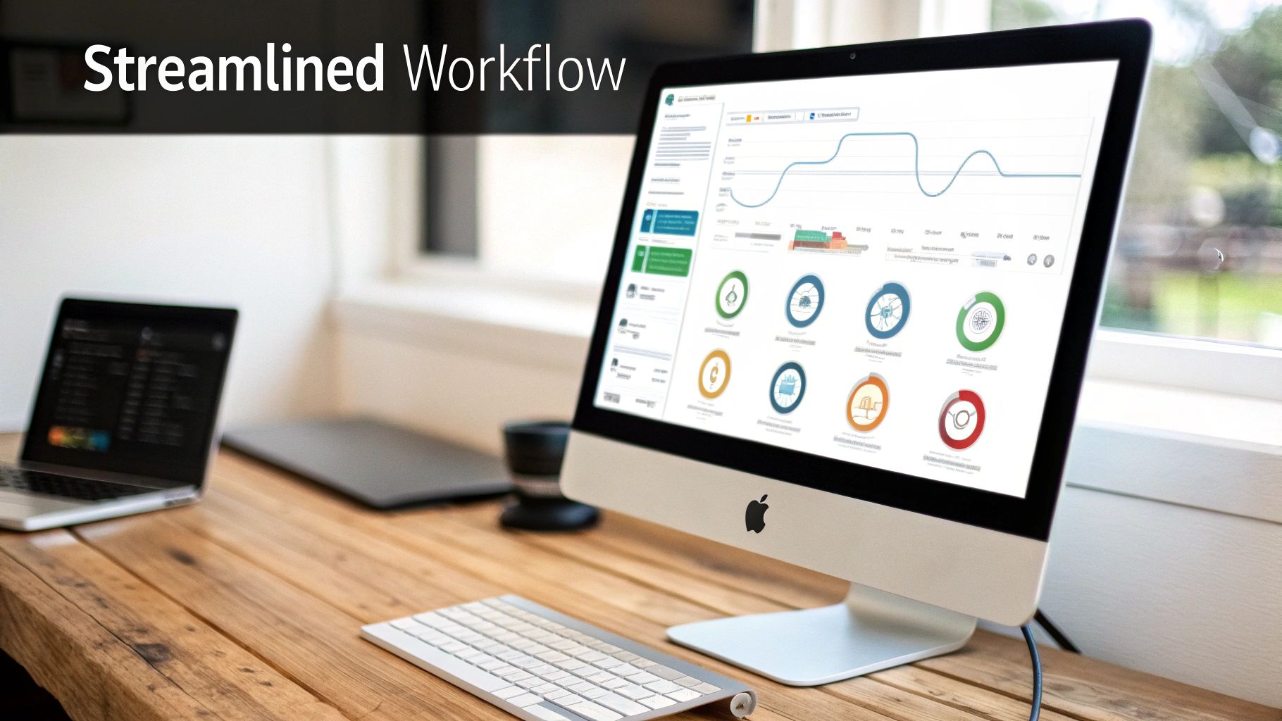 A sleek Apple iMac displays a data dashboard with graphs and charts on a wooden desk, showing a streamlined workflow.