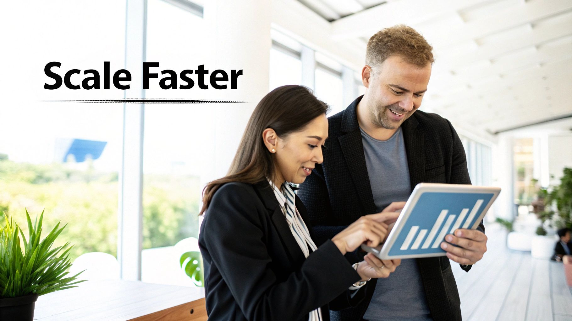 Two smiling business professionals looking at a tablet with a bar chart in a modern office.