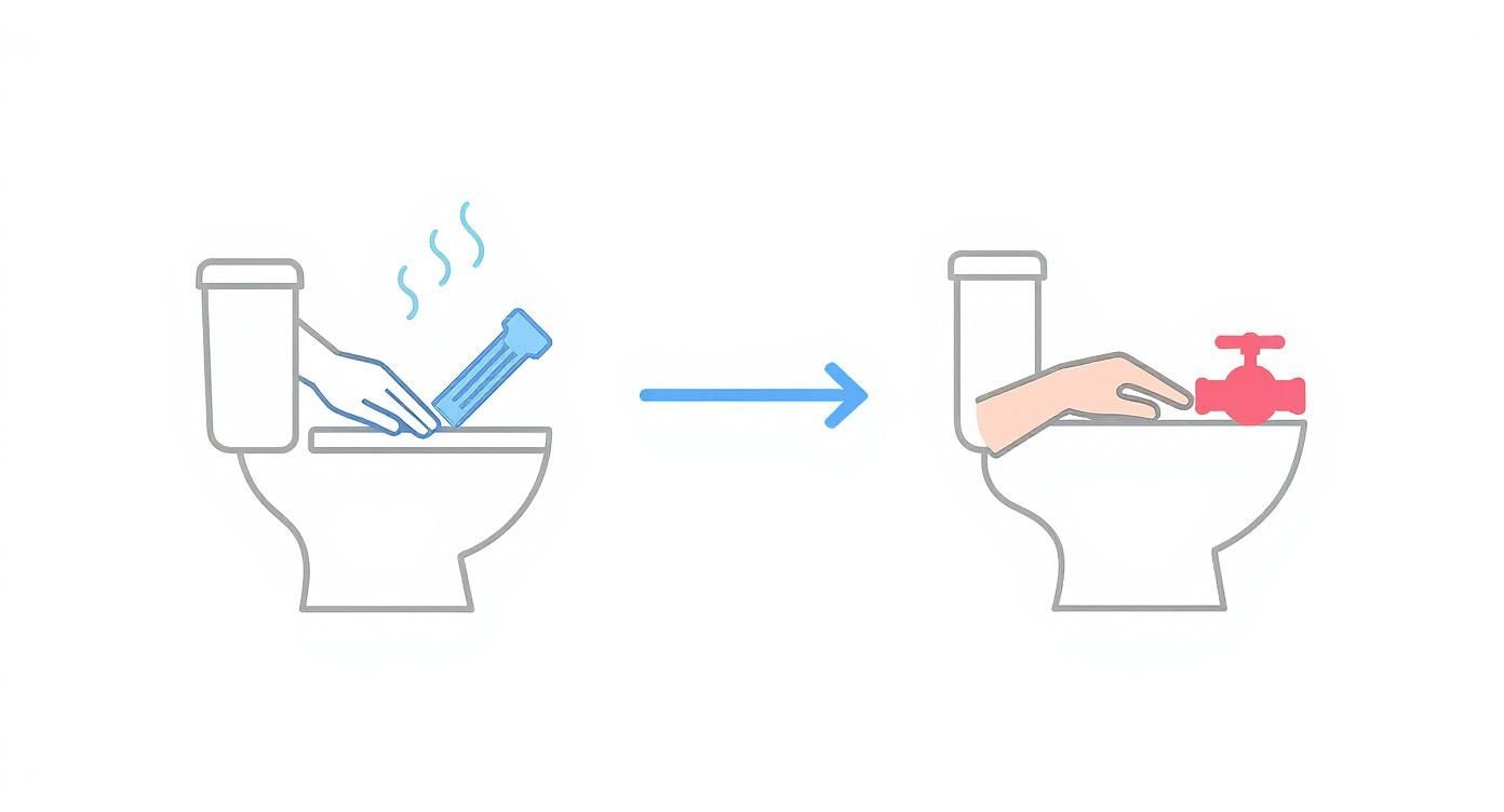 Illustration showing a two-step process: first, placing a blue cleaner into a toilet bowl, then adjusting a red valve inside the toilet tank.