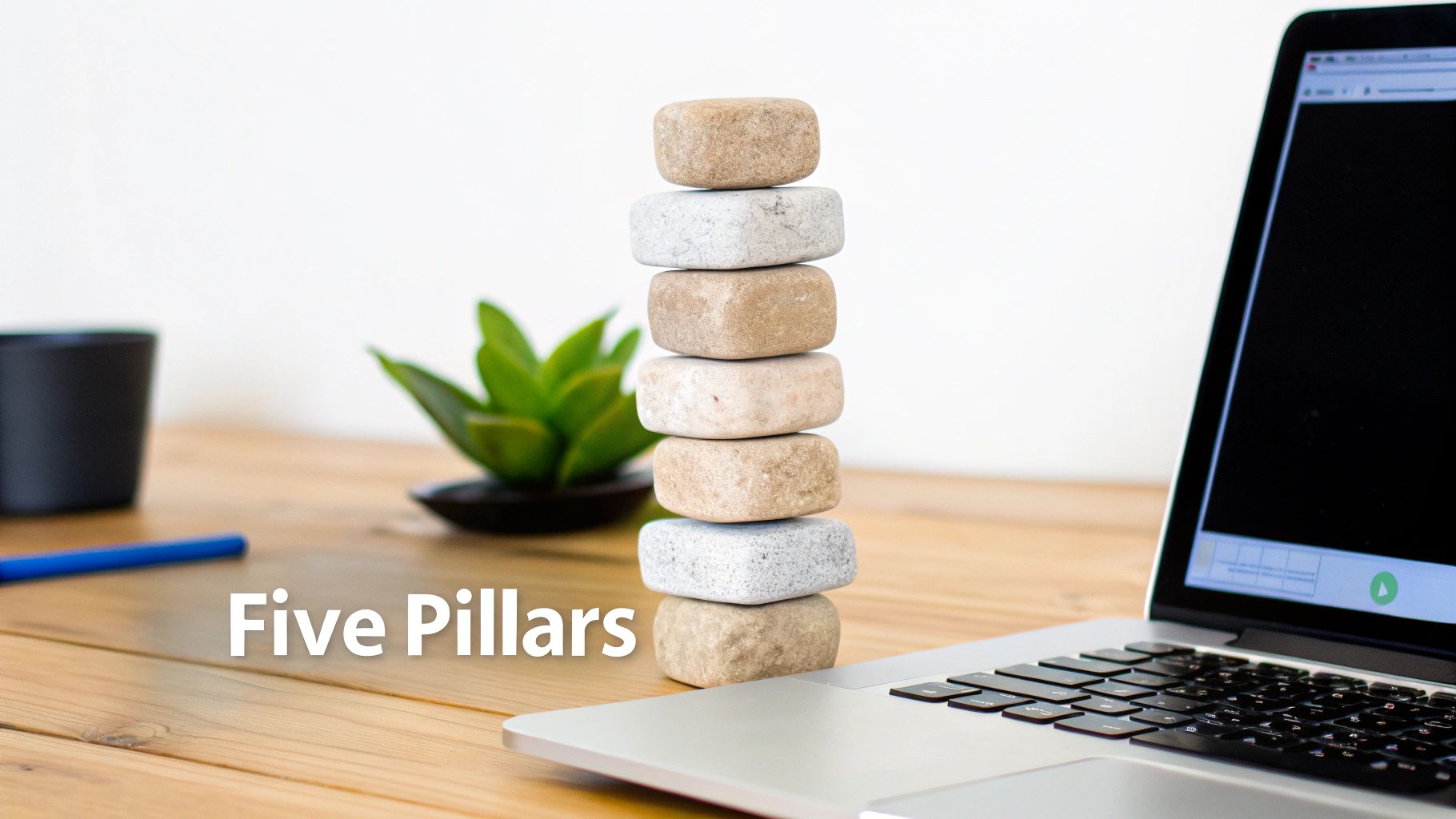 A balanced stack of stones, representing stability, next to a laptop and plant on a wooden desk.