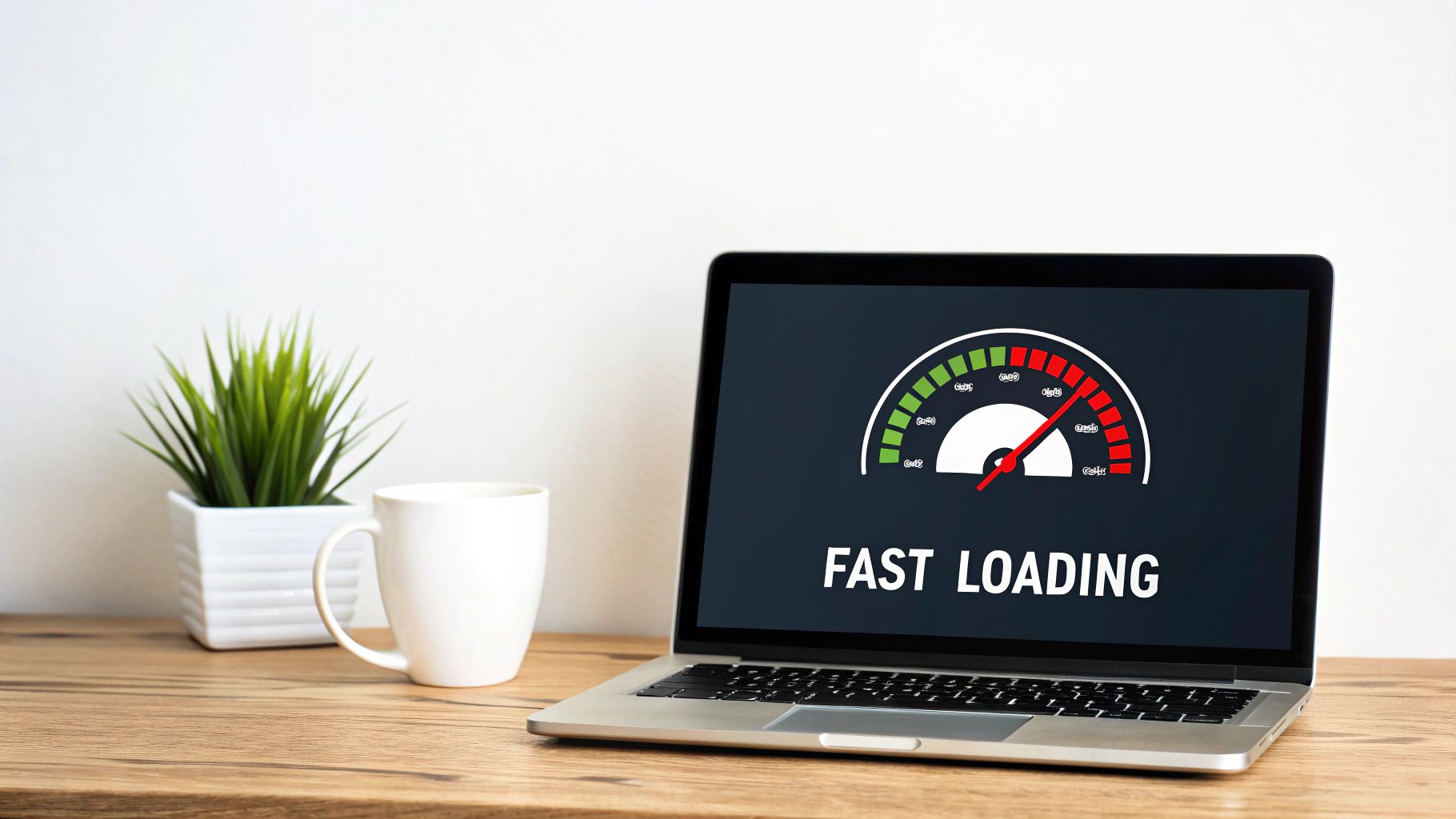Laptop on a wooden desk displays a fast loading speed gauge and 'FAST LOADING' text next to a plant and mug.