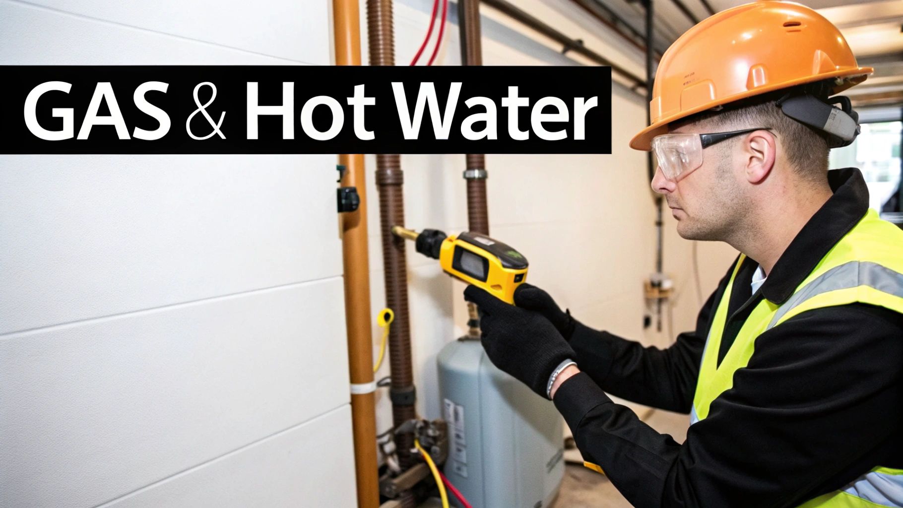 A plumber in a hard hat and safety vest inspects gas and hot water pipes with a tool.