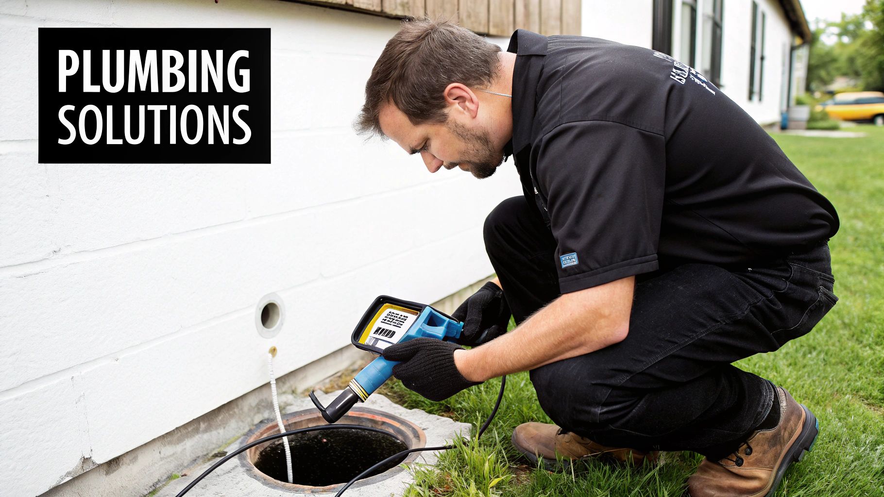 A male plumber in a black shirt uses a camera to inspect a drain next to a house.