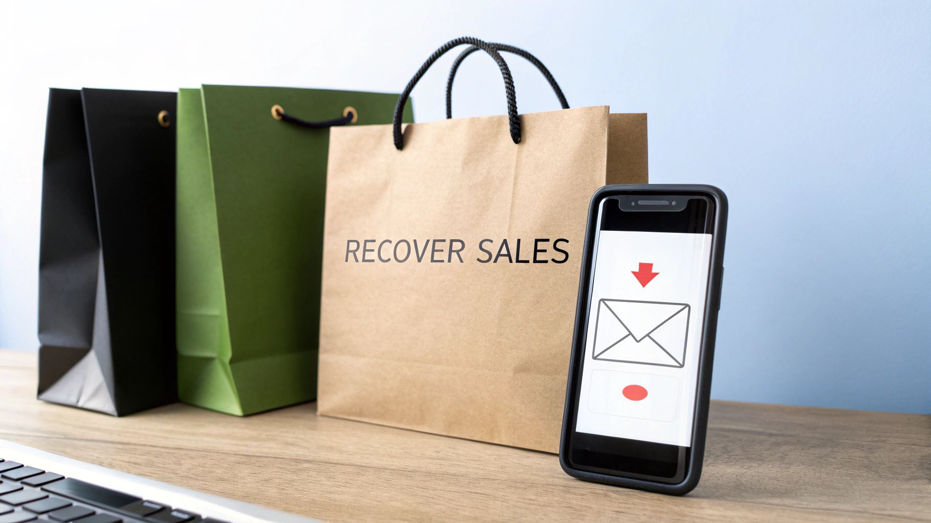 Shopping bags and a smartphone displaying an email icon, with 'RECOVER SALES' on one bag, representing e-commerce marketing.