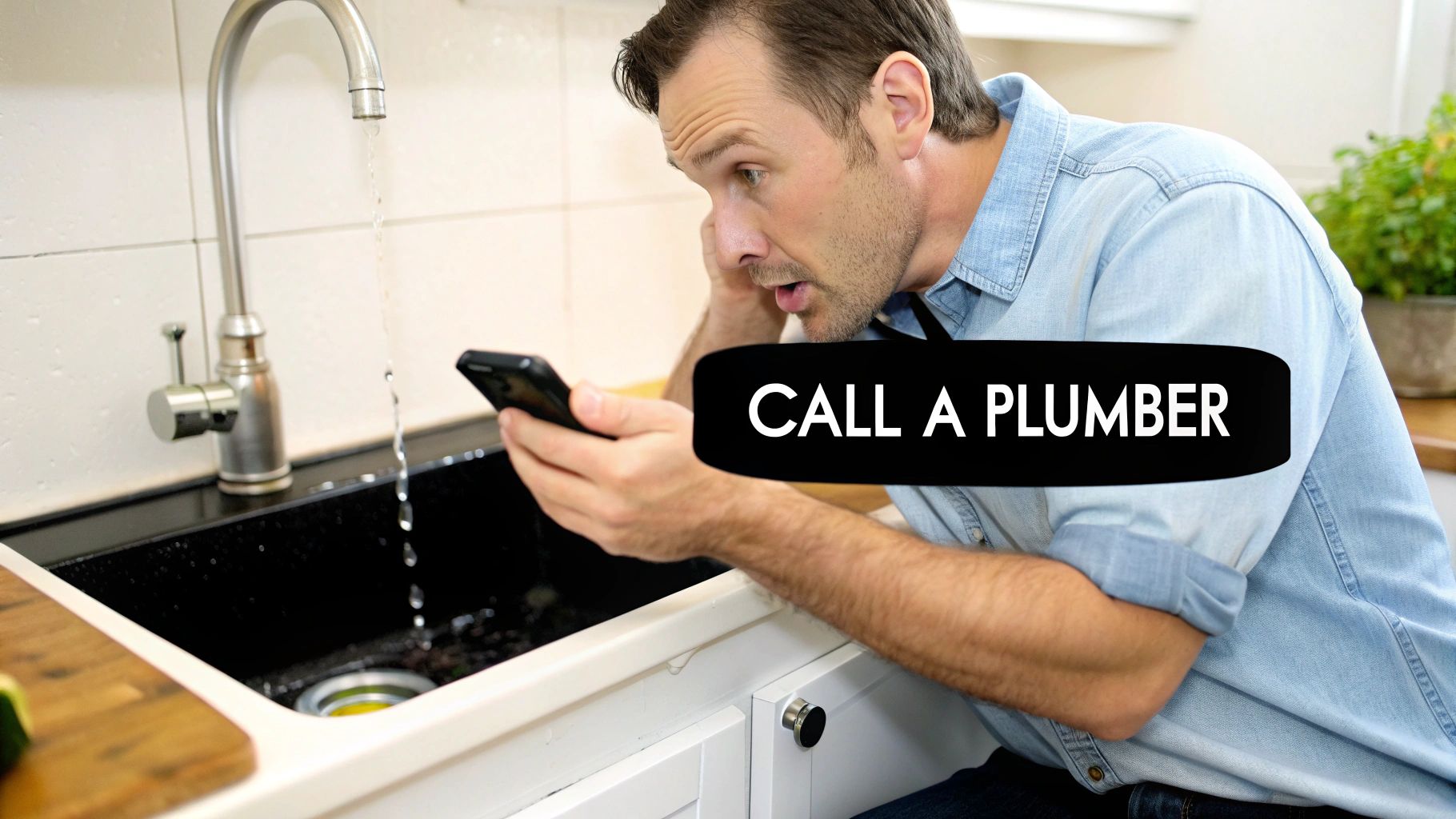 A man looking shocked at a leaking kitchen faucet while holding a phone, with a 'CALL A PLUMBER' overlay.