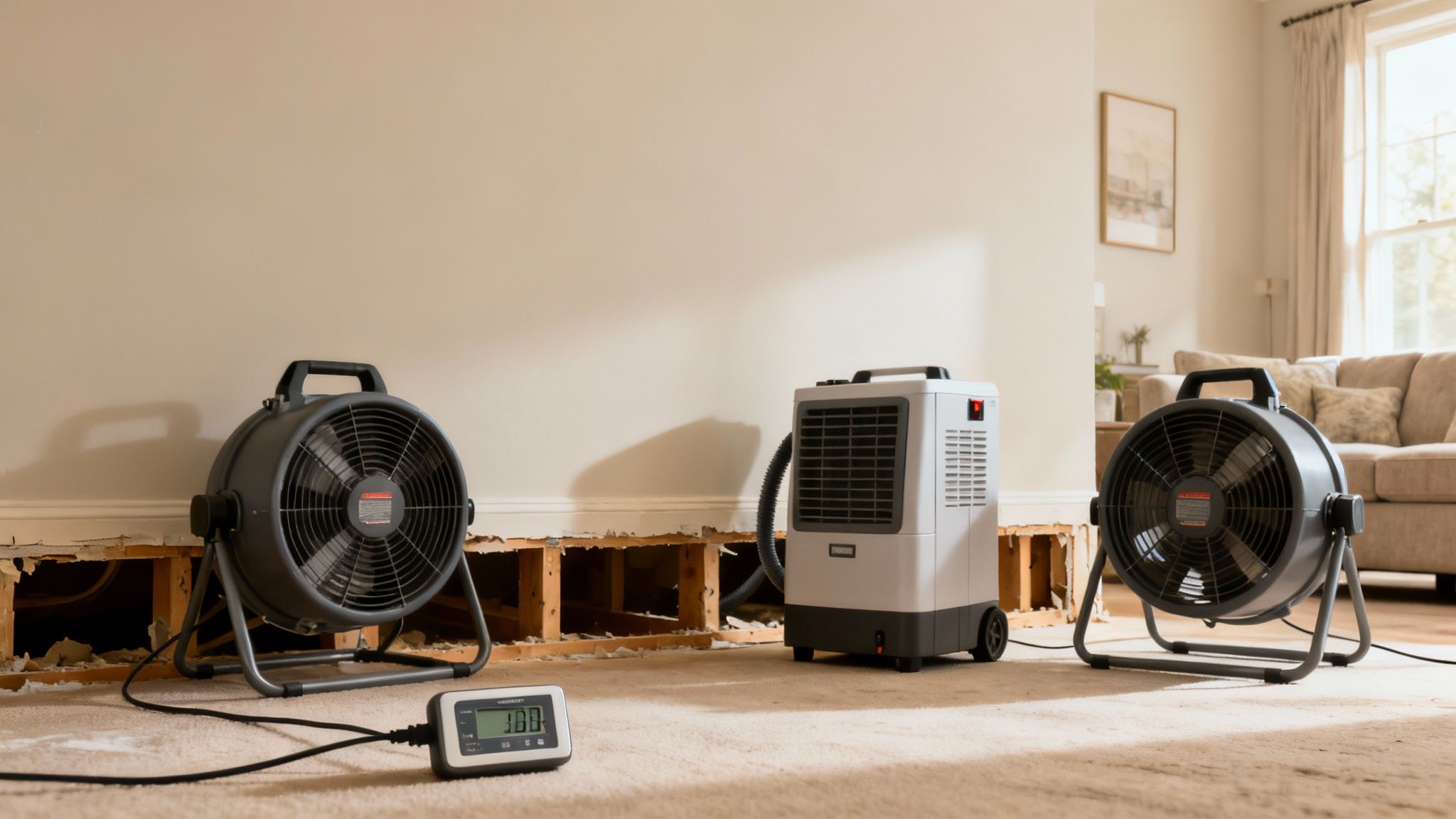 Technicians using industrial air movers and dehumidifiers to perform structural drying in a water-damaged room.