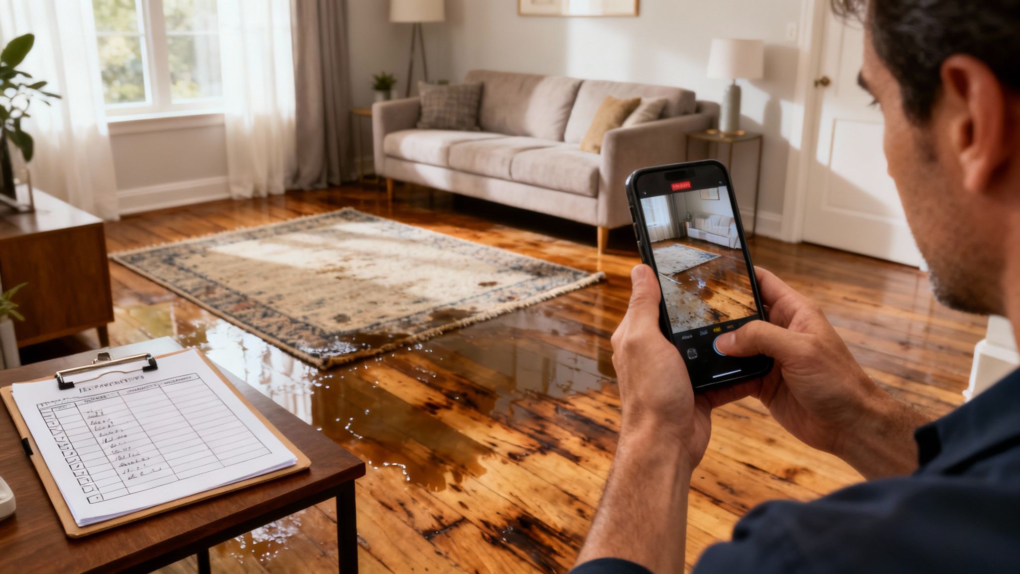 A man uses his smartphone to photograph a living room with water damage, a wet rug, and a clipboard on a table.