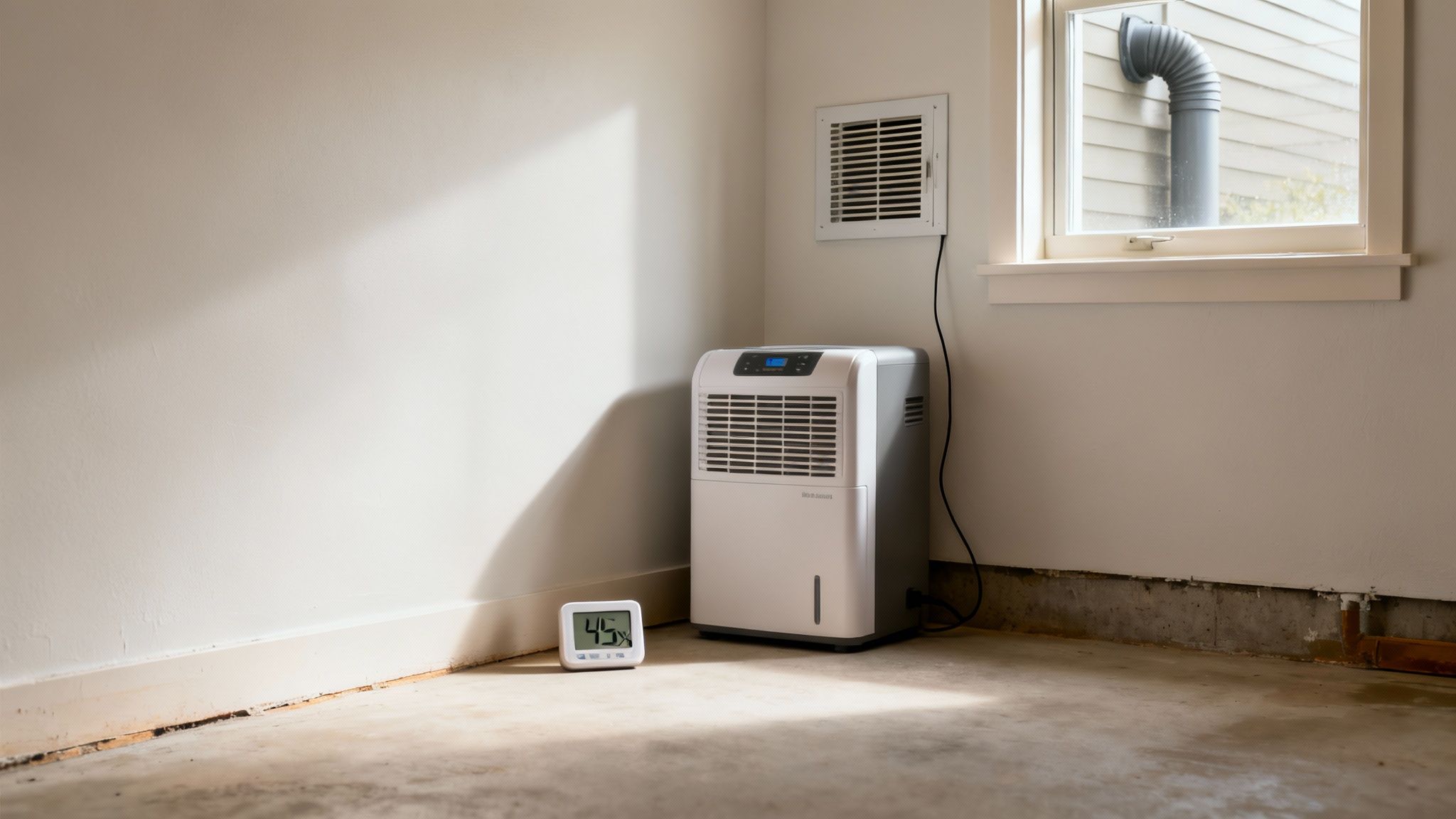 A dehumidifier running in a clean, modern basement setting, symbolizing moisture control.