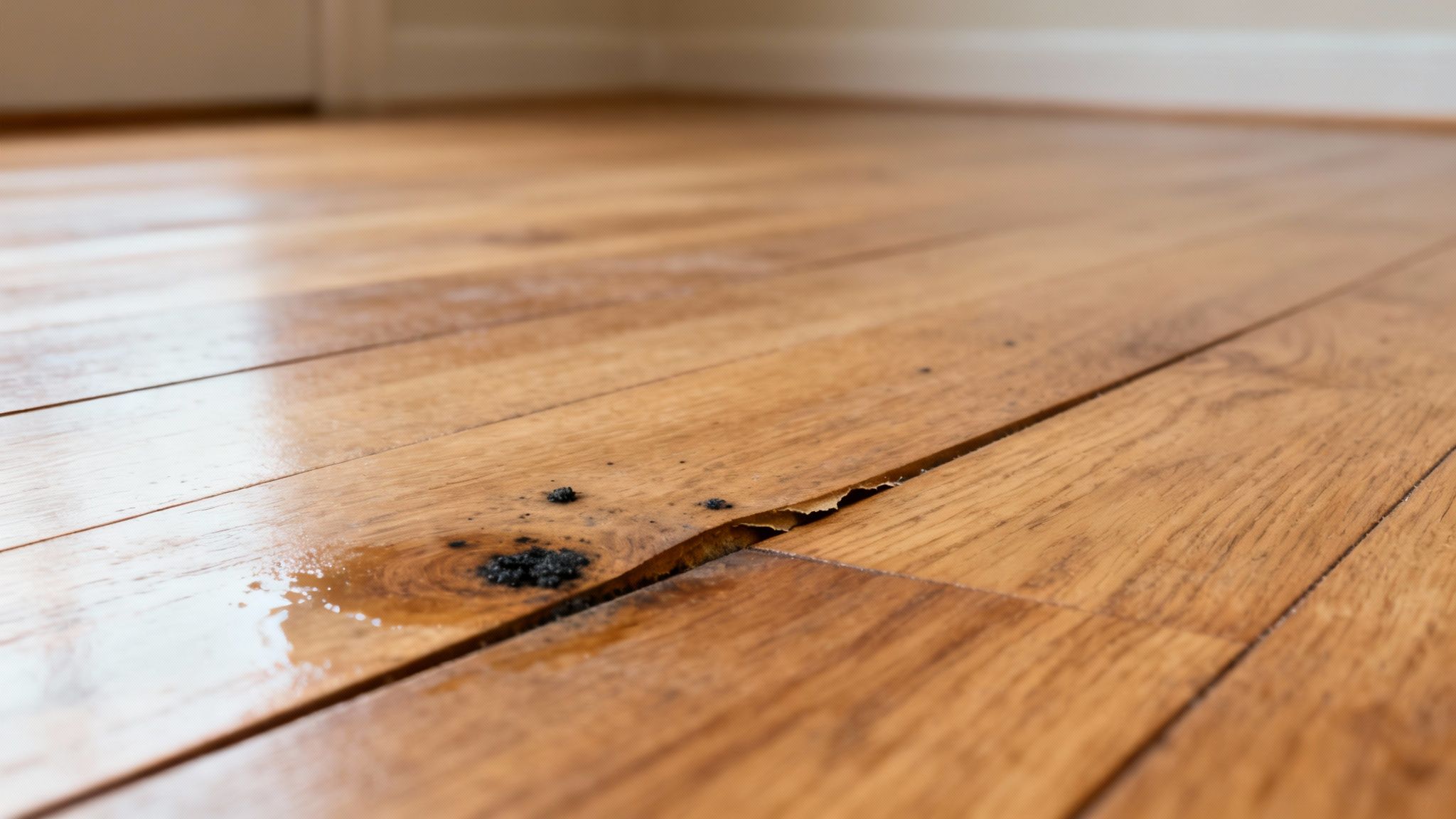 Close-up of severe water damage on a glossy hardwood floor, showing peeling wood, a crack, and black mold.