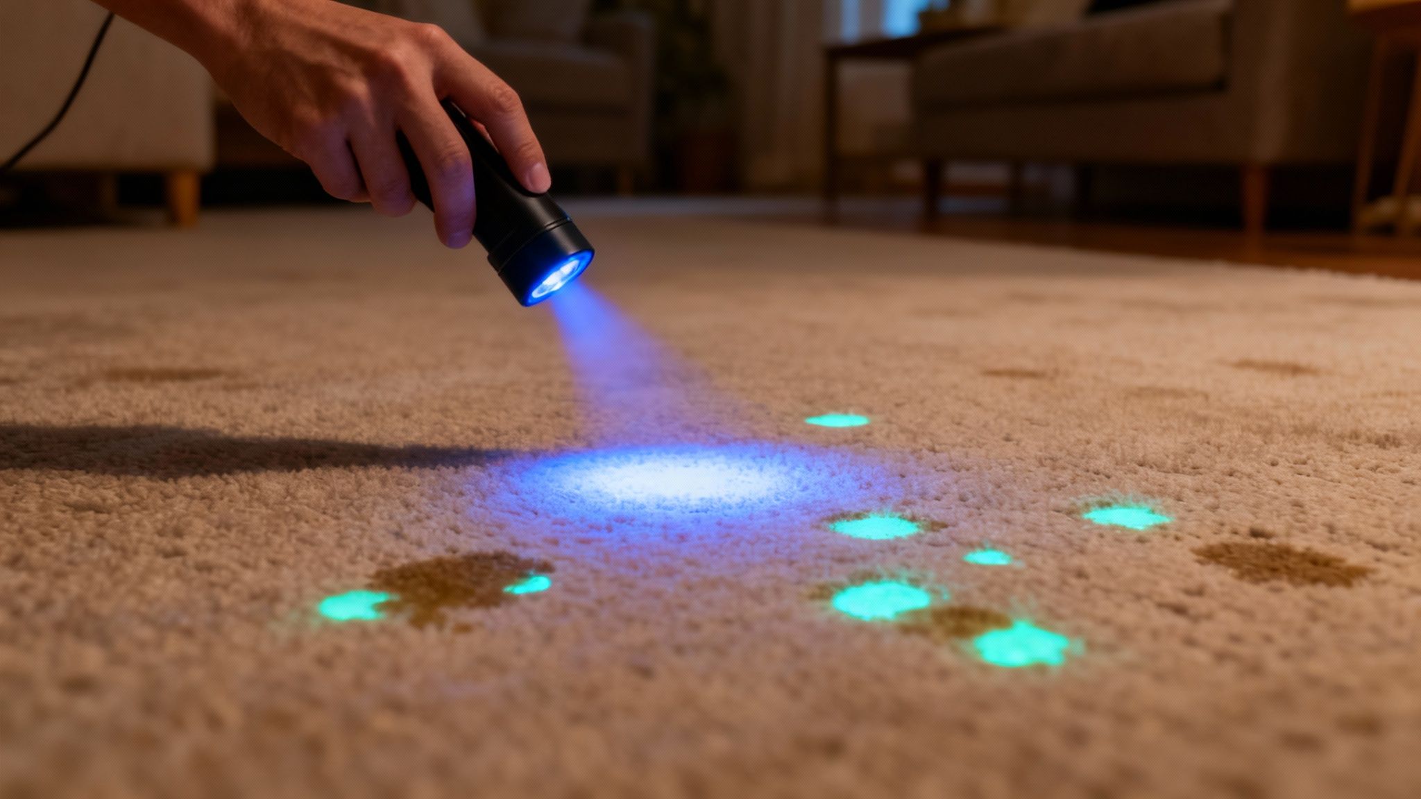 A hand uses a UV flashlight to expose hidden pet urine stains and other dirt on a beige carpet.