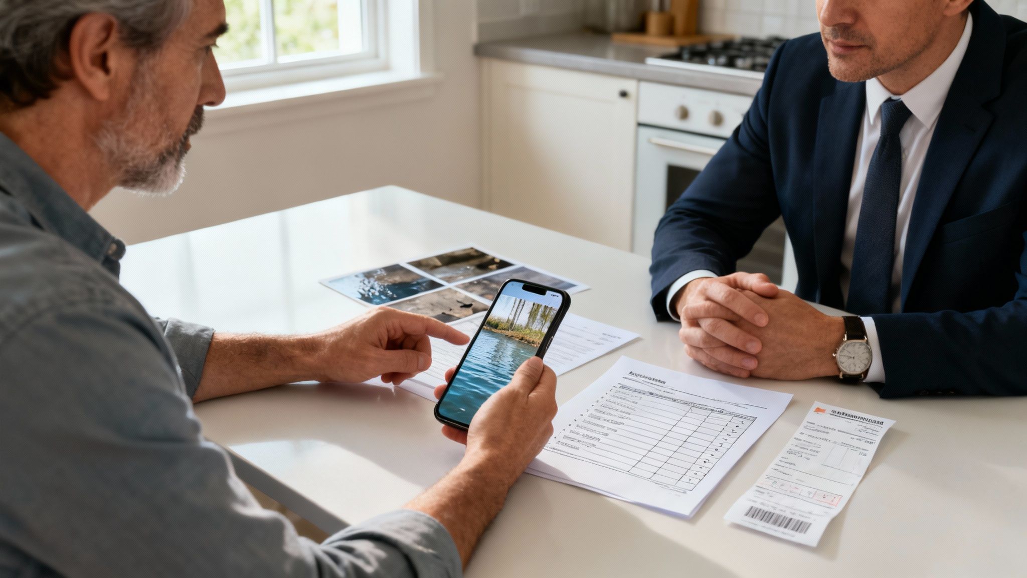 Two men discussing flood damage repair, reviewing printed photos of damage and a smartphone image of water.