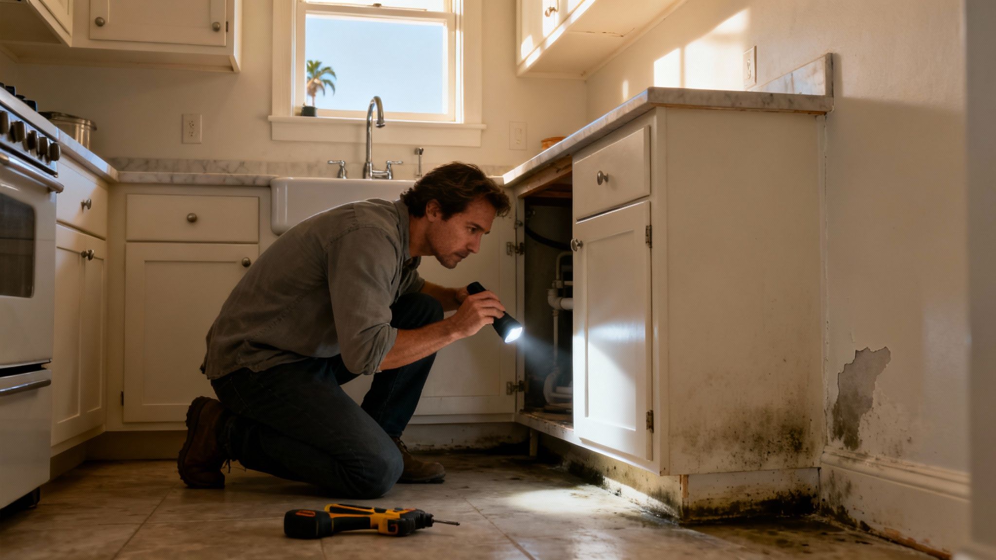 A man inspects severe mold and water damage in a kitchen under the sink with a flashlight.