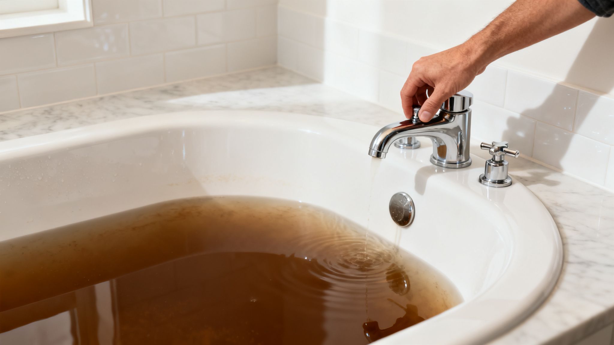 A person's hand turns on a chrome faucet, filling a white bathtub with dark brown, dirty water.