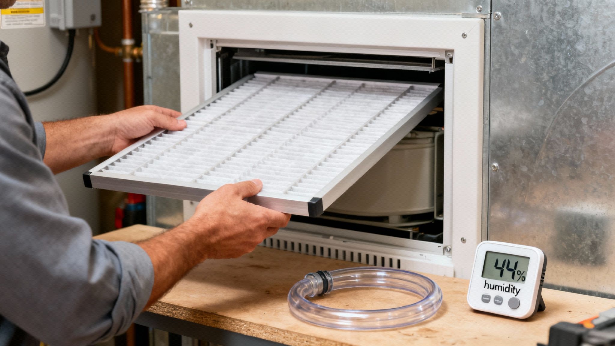 A person's hands installing a clean white air filter into an HVAC unit, with a humidity gauge nearby.