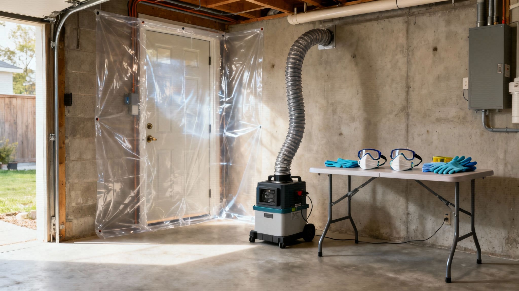 A professional in full PPE gear preparing an area for mold remediation.