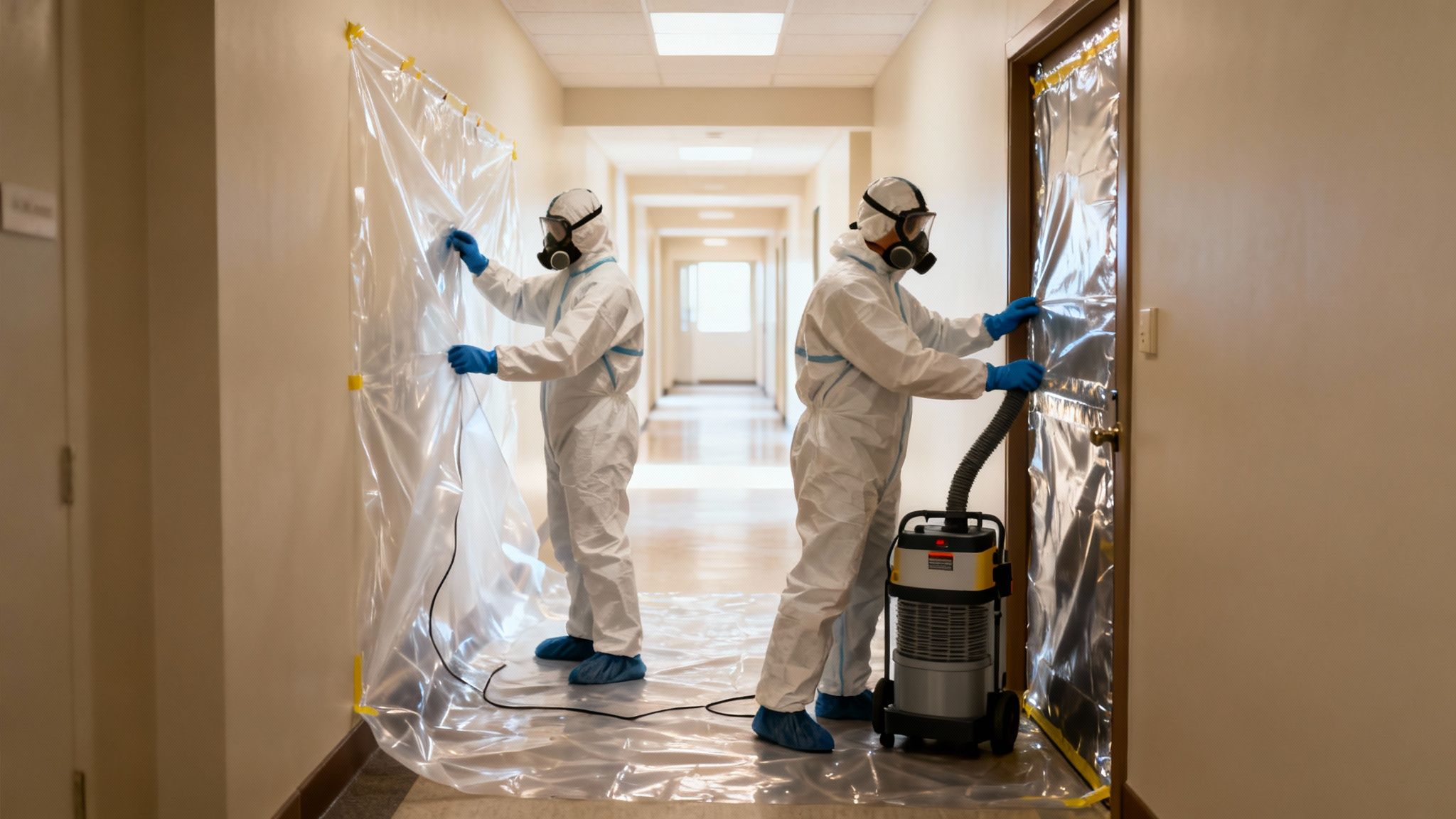 Two workers in hazmat suits set up plastic sheeting for a containment area in a building hallway.