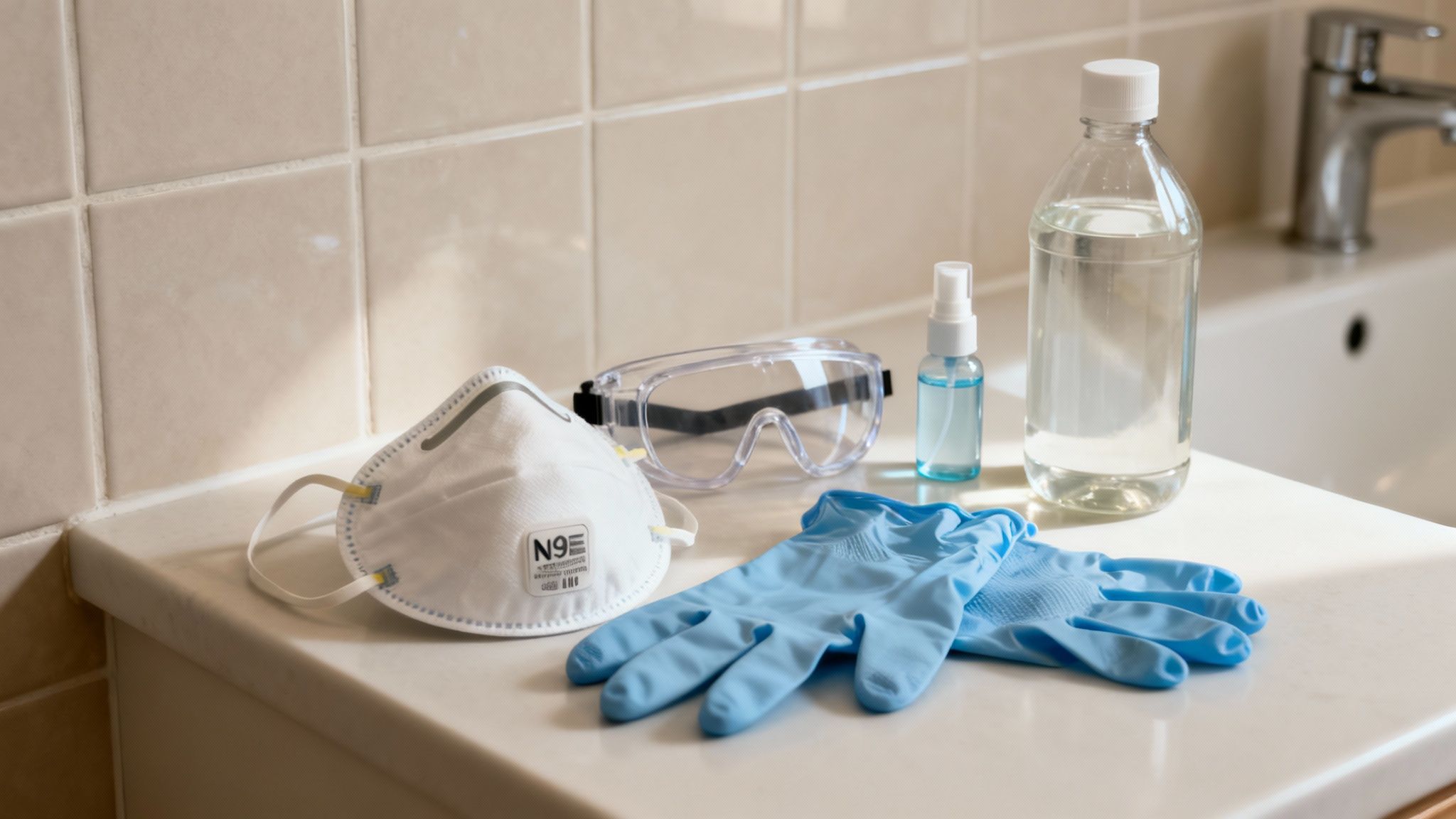 A collection of cleaning supplies and safety gear, including gloves, a mask, goggles, and a spray bottle, arranged neatly on a surface.