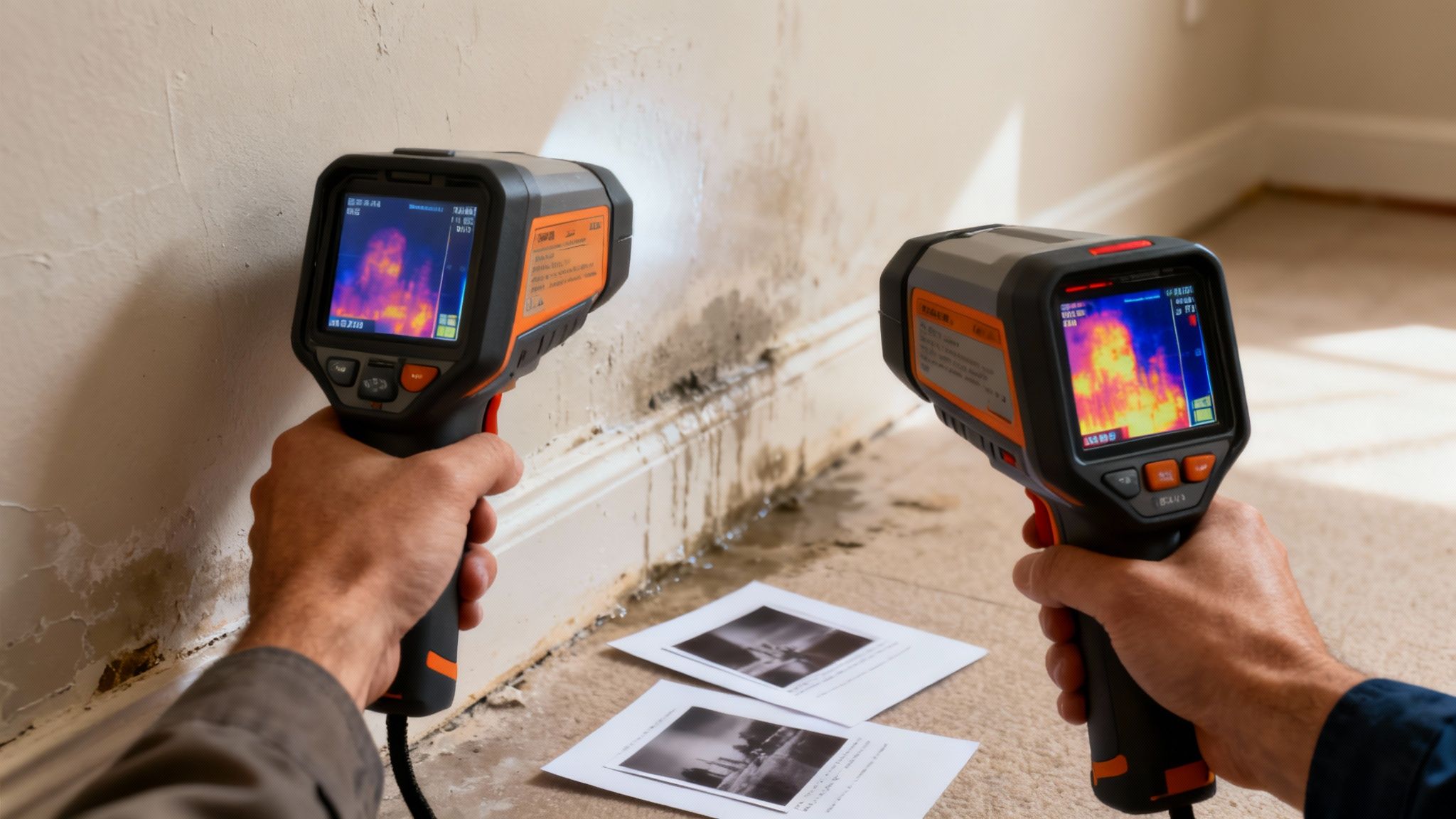 A restoration technician uses a moisture meter to document water damage on a wall for an insurance claim.