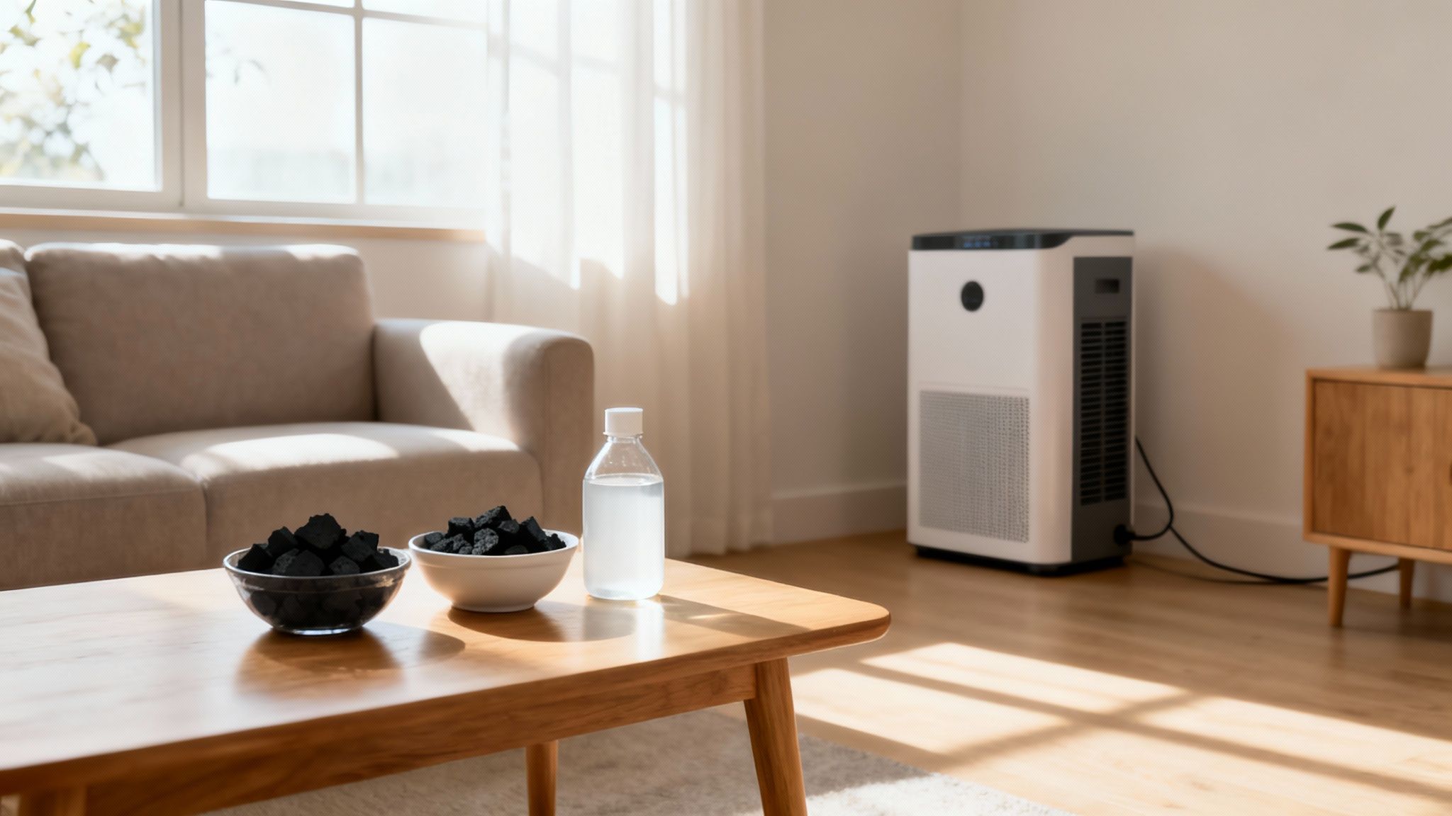 A bright living room featuring an air purifier, charcoal bowls, and a liquid bottle on a coffee table.
