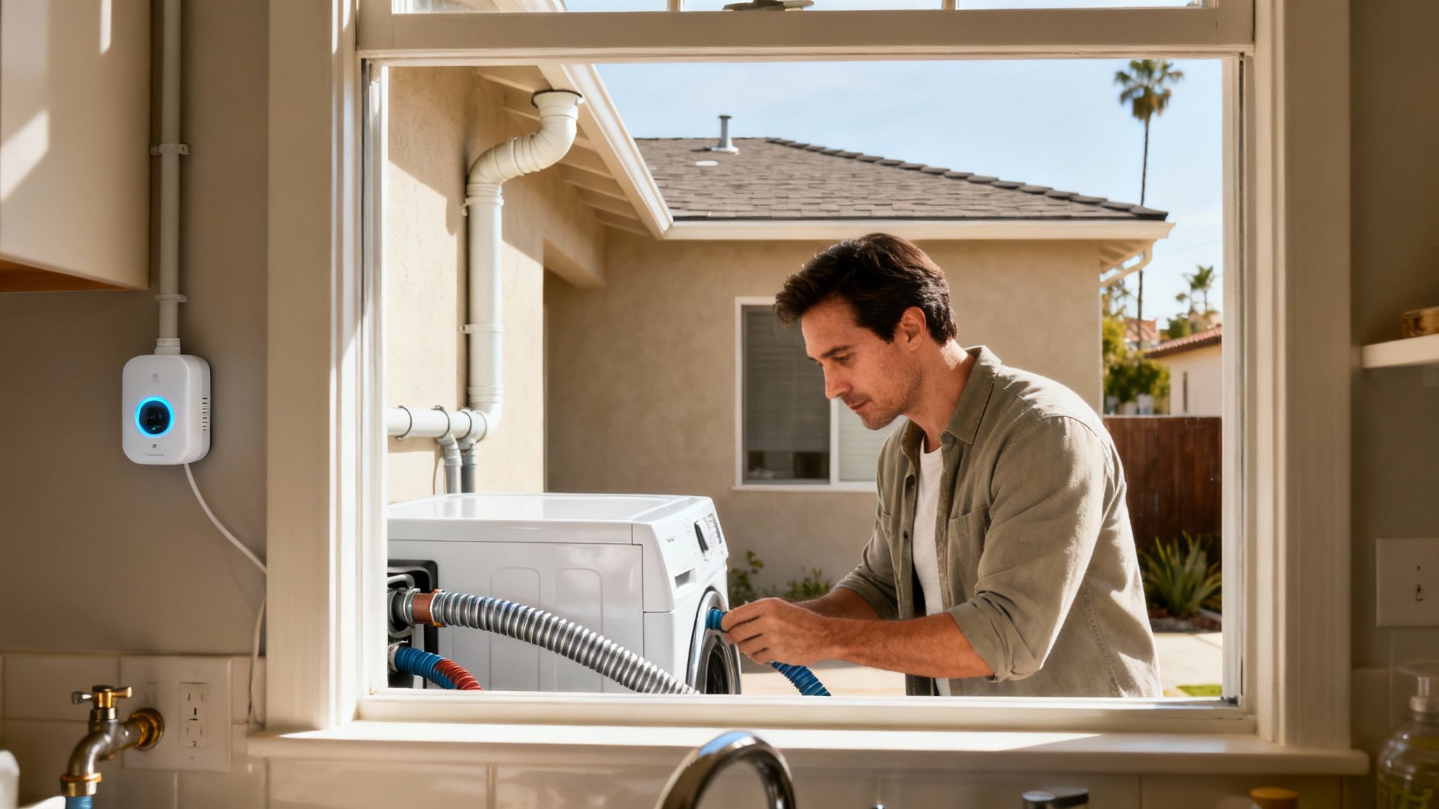 A man connects a blue hose to an outdoor washing machine, with a smart water monitor visible inside.