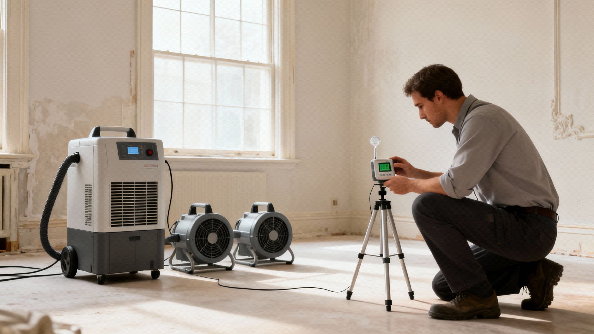 A man monitors a drying machine setup with fans in a room undergoing water damage restoration.