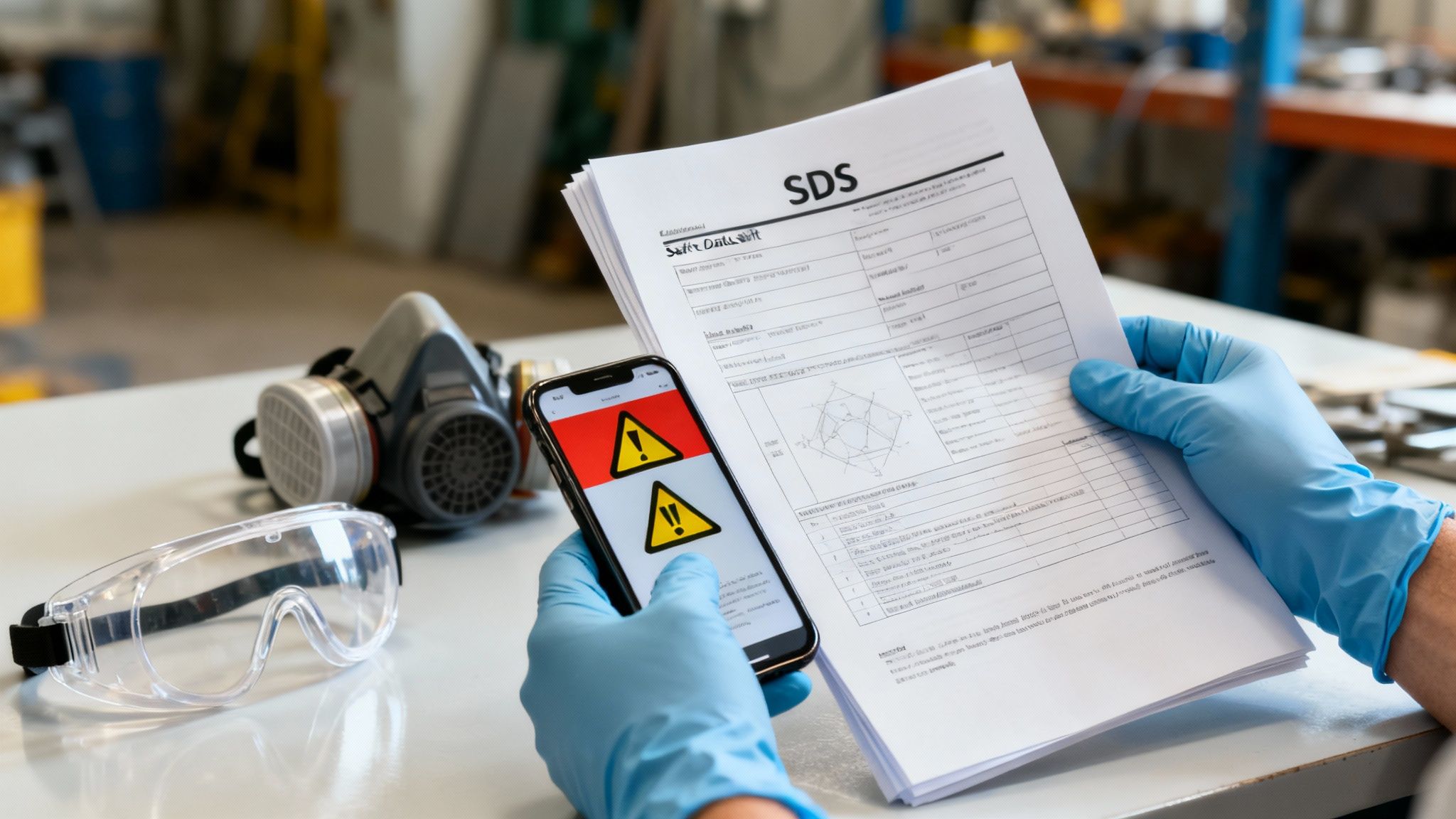 A person in protective gear examining a chemical spill on a concrete floor.