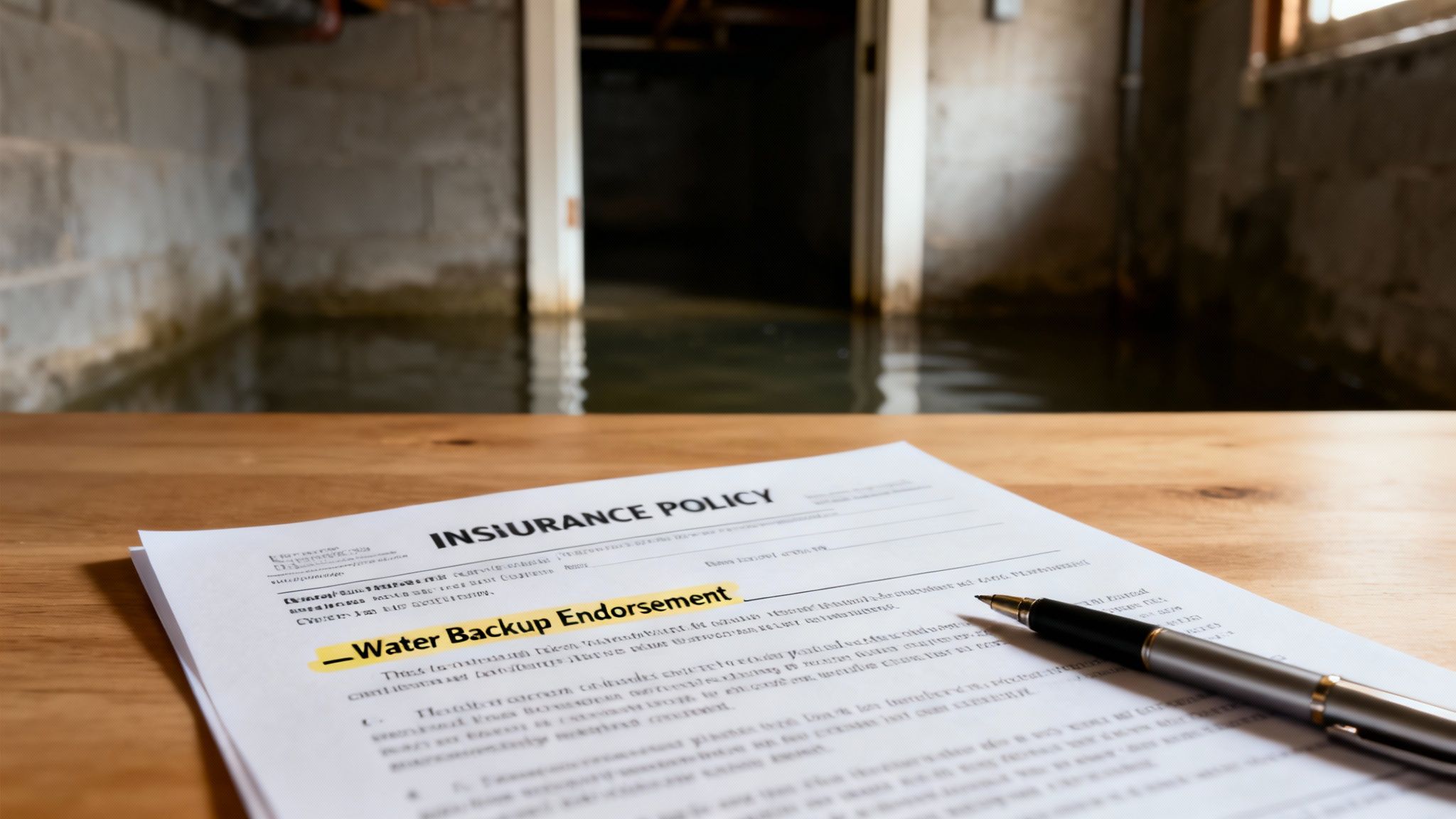 An insurance policy document with "Water Backup Endorsement" highlighted, placed on a wooden table with a pen, in front of a visibly flooded basement.