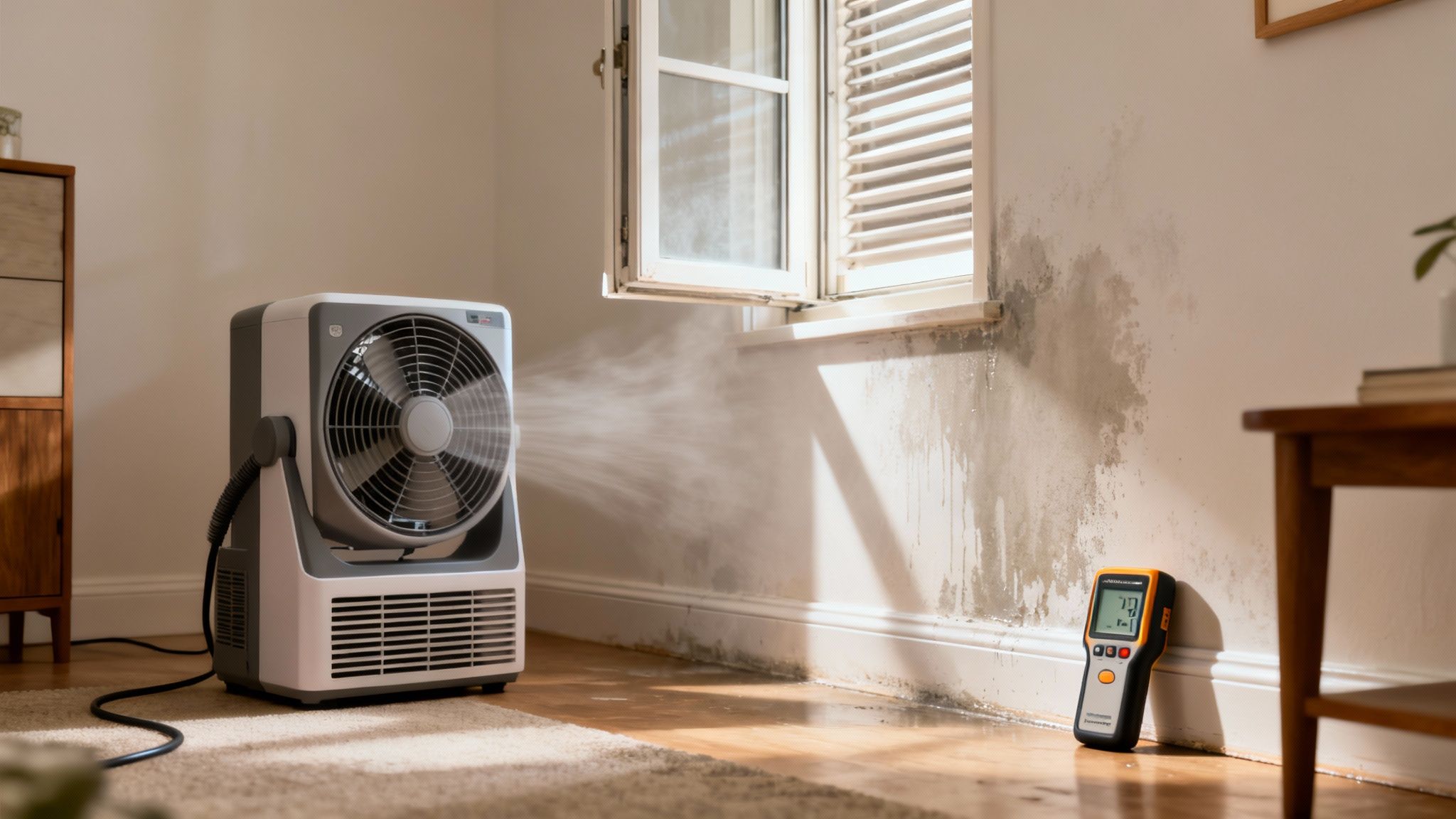 A room showing significant mold growth on a wall near a window, with a device managing humidity.